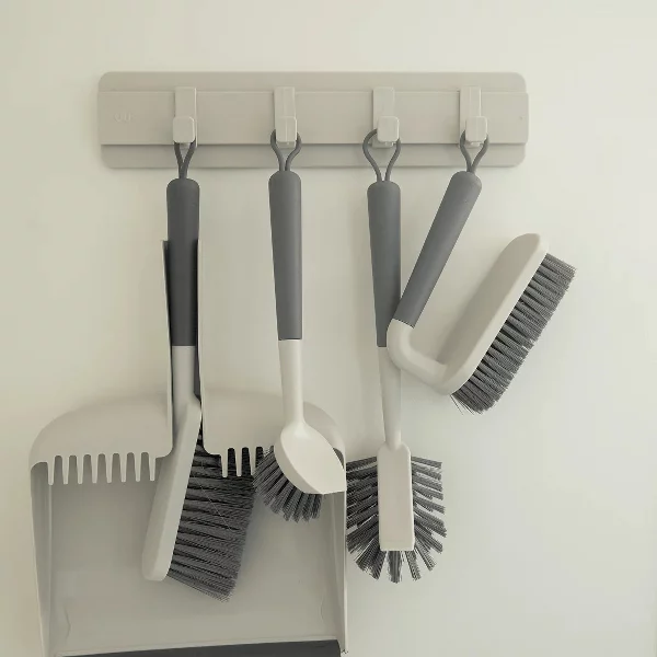 OU Bathroom & Kitchen Cleaning Organization Set- Wall Mounted Hook Rack, Scrub Brushes, Bottle Brush & Silicone Squeegee
