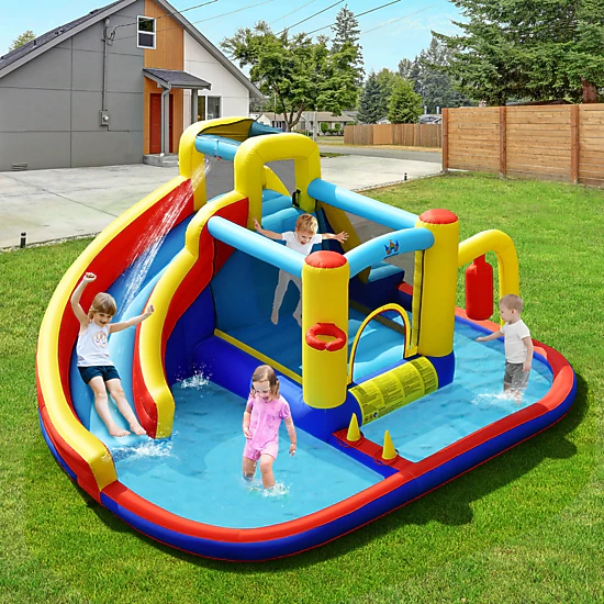 LJG Kids 7-in-1 Inflatable Water Slide Bounce Castle with Splash Pool and Climbing Wall without Blower