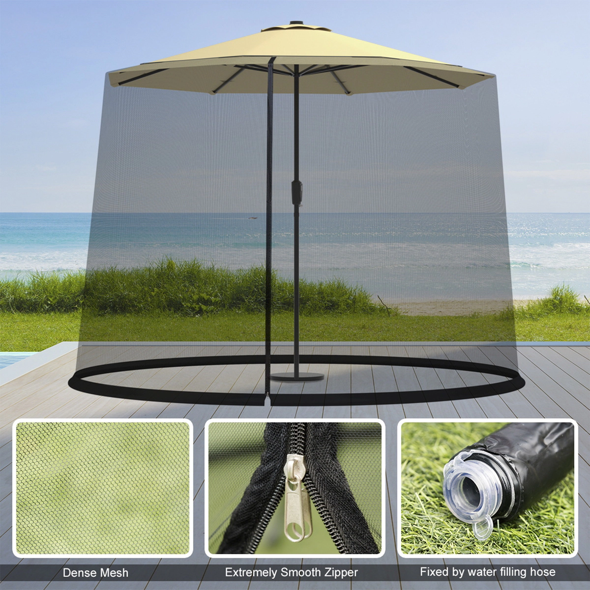 SUGIFT Mesh Umbrella Table Screen Mosquito Bug Insect Net for 9-10 ft Outdoor Umbrellas 7-ft Tall 2.4-lb Black