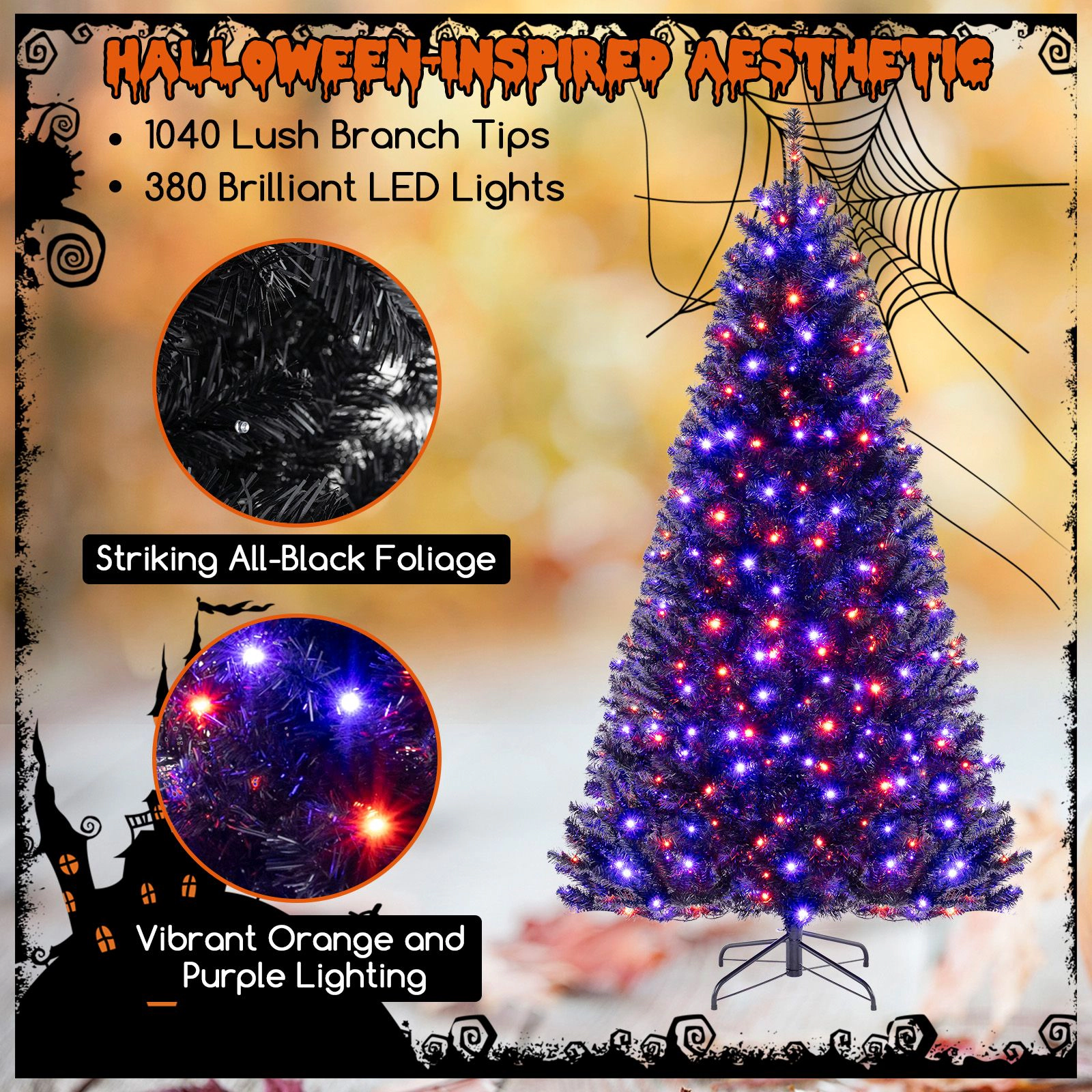 SlickBlue Black Halloween Tree with LED Lights and Spooky Sound Effects