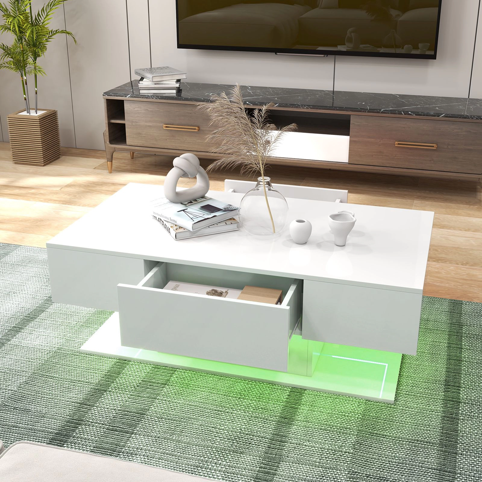 SlickBlue LED Coffee Table with Storage Drawers and High Gloss Finish