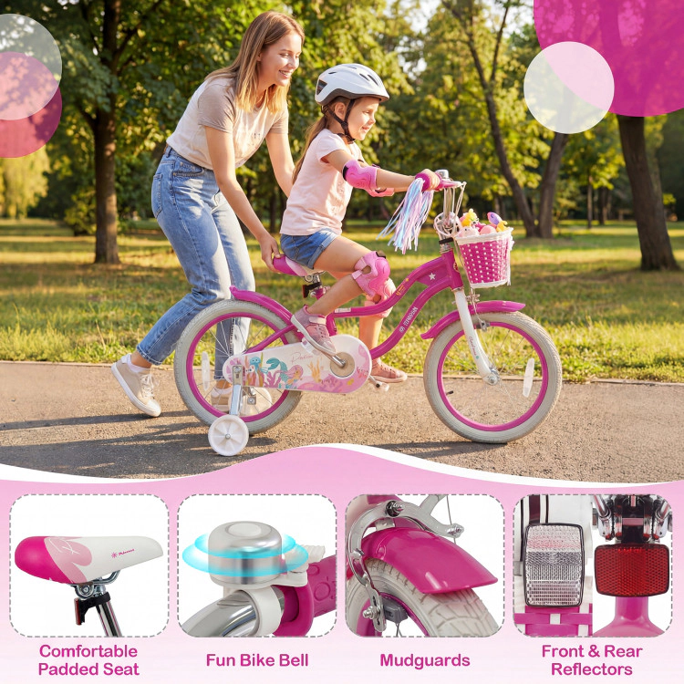 Hivvago Kids Bike Adjustable with Basket and Streamers Rose Red - Princess of the Sea Theme