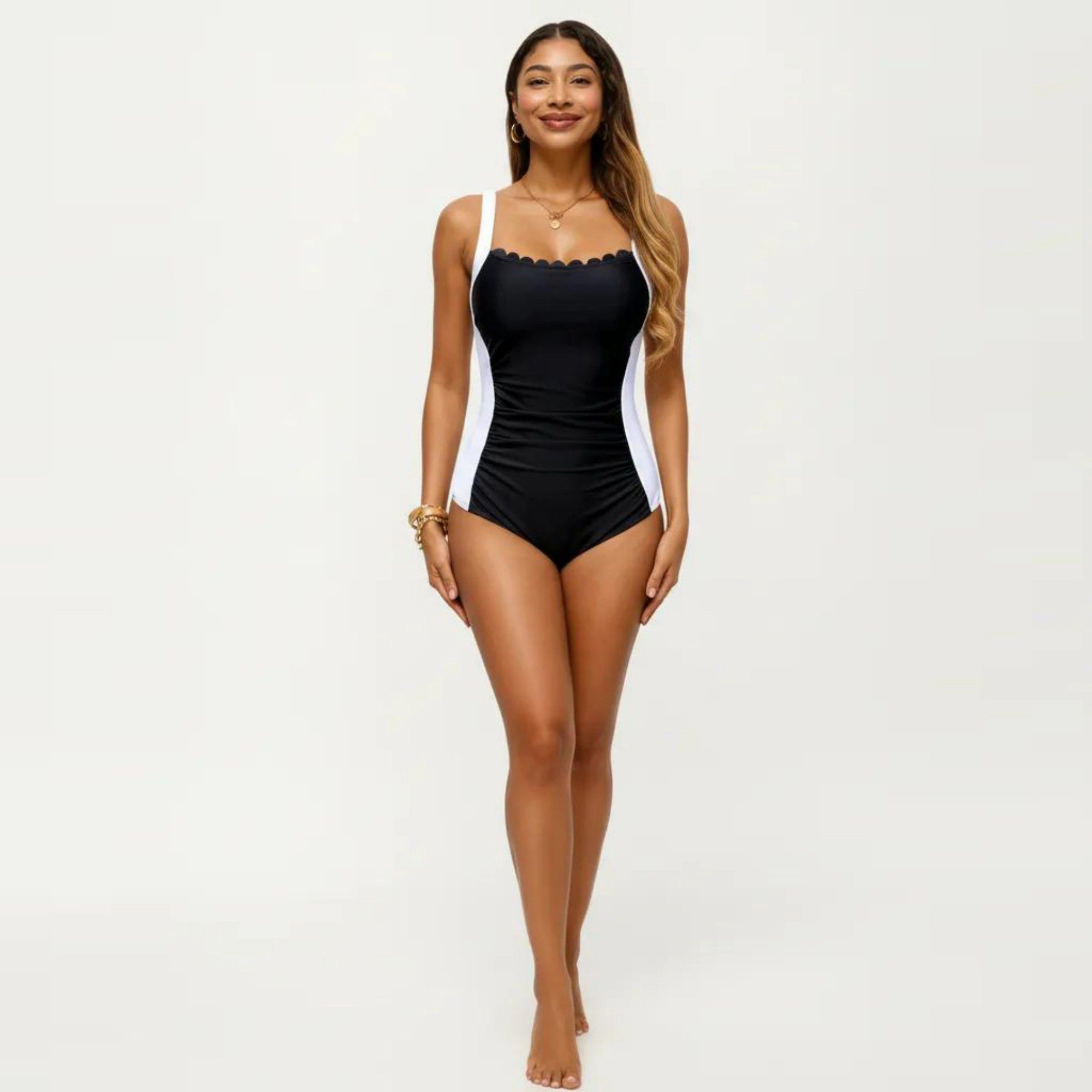 Anna-Kaci Women's Scalloped Neck One-Piece Swimsuit with Contour Side Panels