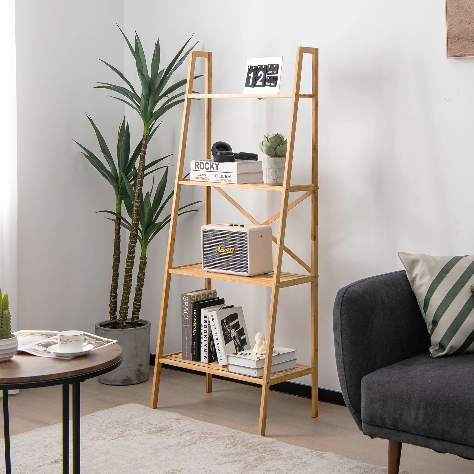 SlickBlue 4-Tier Ladder Shelf, Wicker Plant Stand and Bookcase