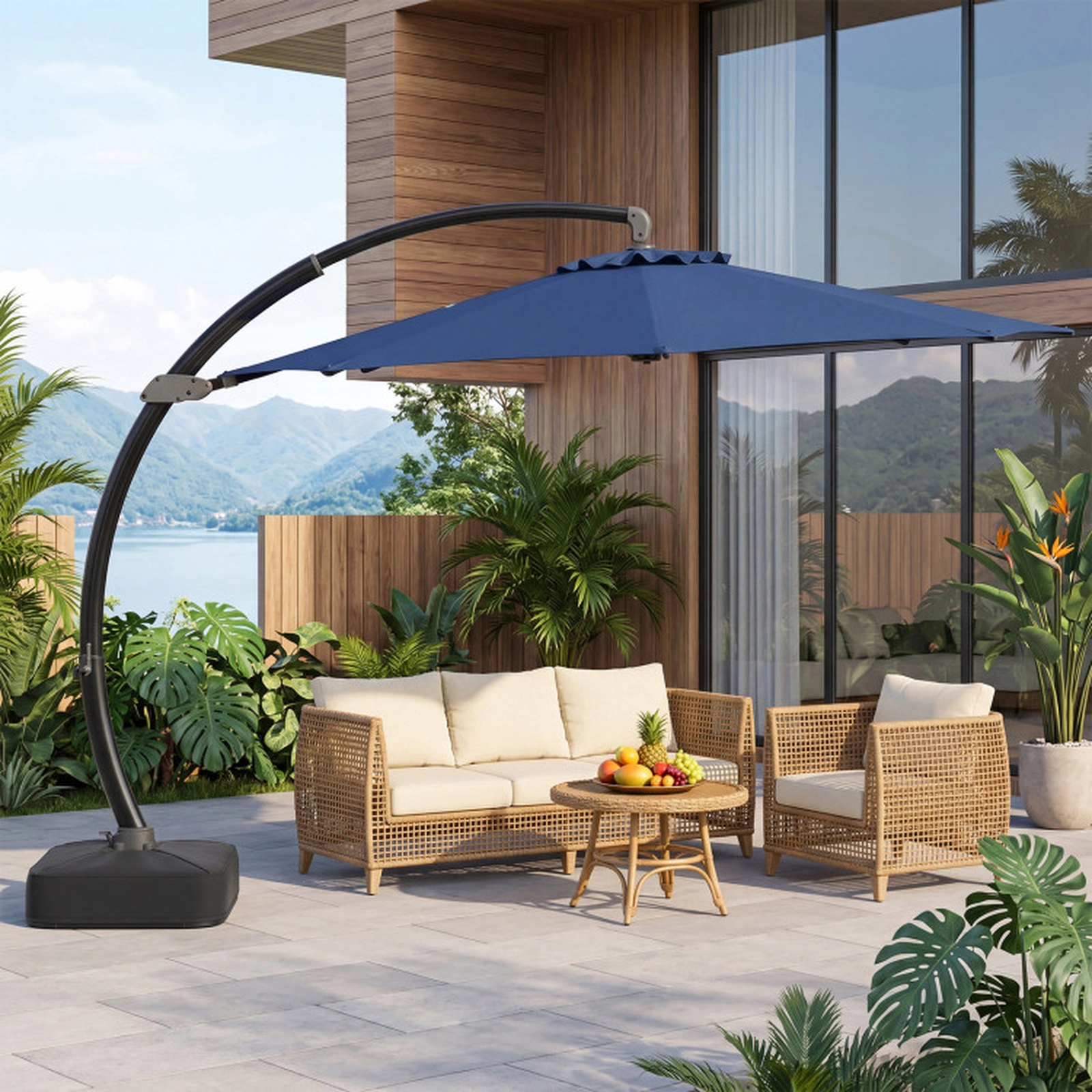 SUGIFT 11-ft Navy Offset Cantilever Patio Umbrella with Base 360-Degree Rotation and 8-Rib Aluminum Frame