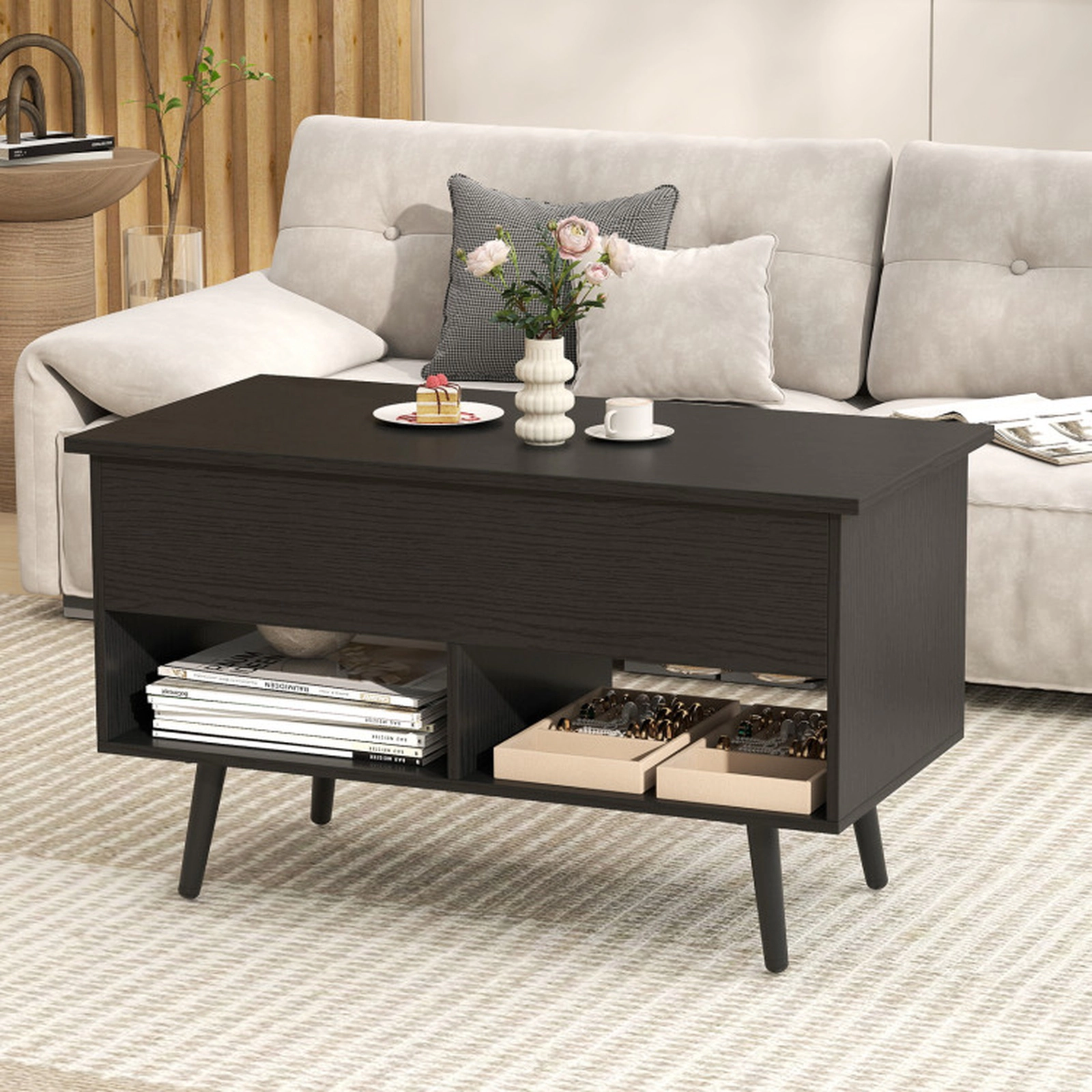 SUGIFT 31.5-In Black Lift-Top Coffee Table with Hidden Compartment and 2 Shelves