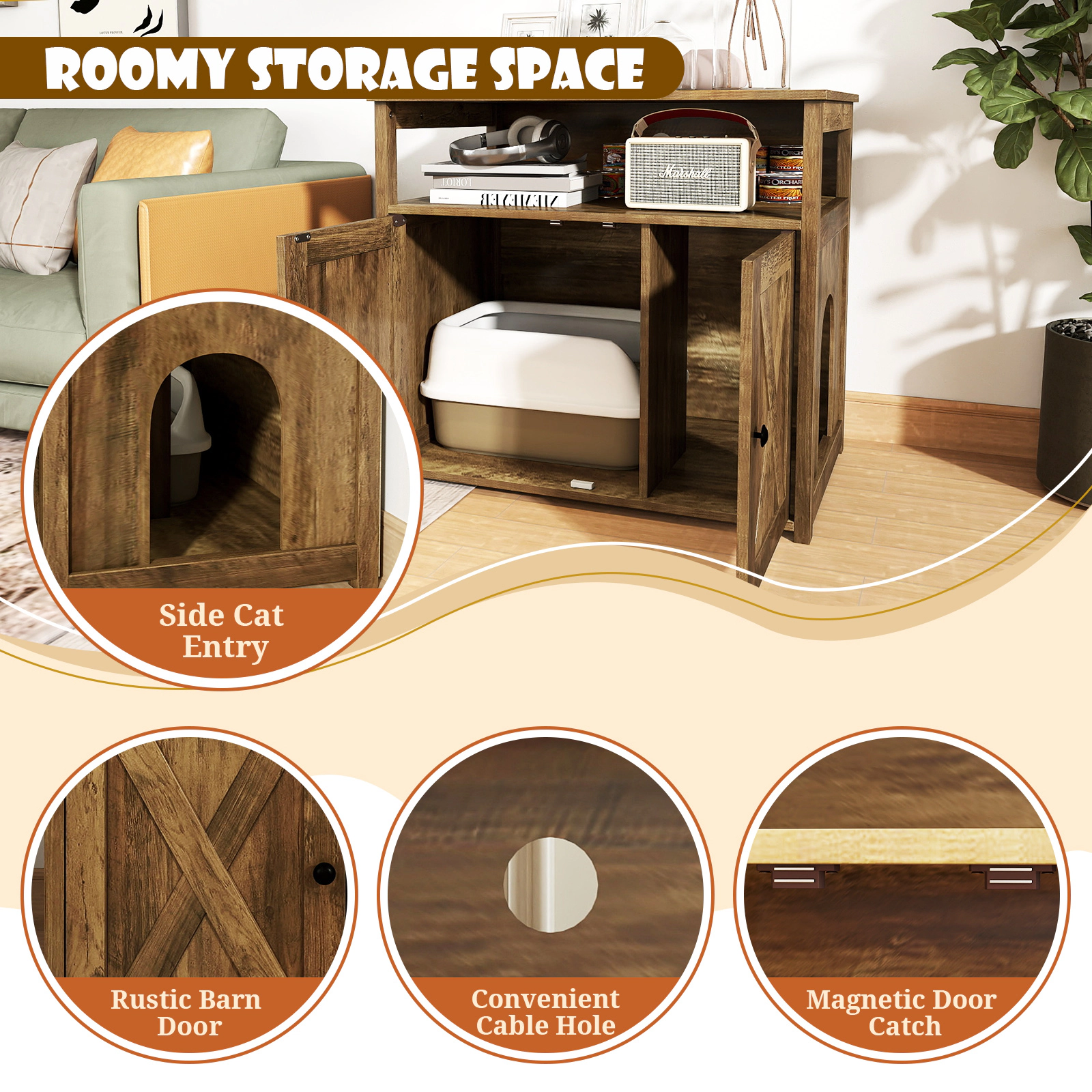 SUGIFT Cat Litter Box Enclosure Cabinet with Double Barn Doors Divider Side Entry 66-lb Top 55-lb Interior Oak