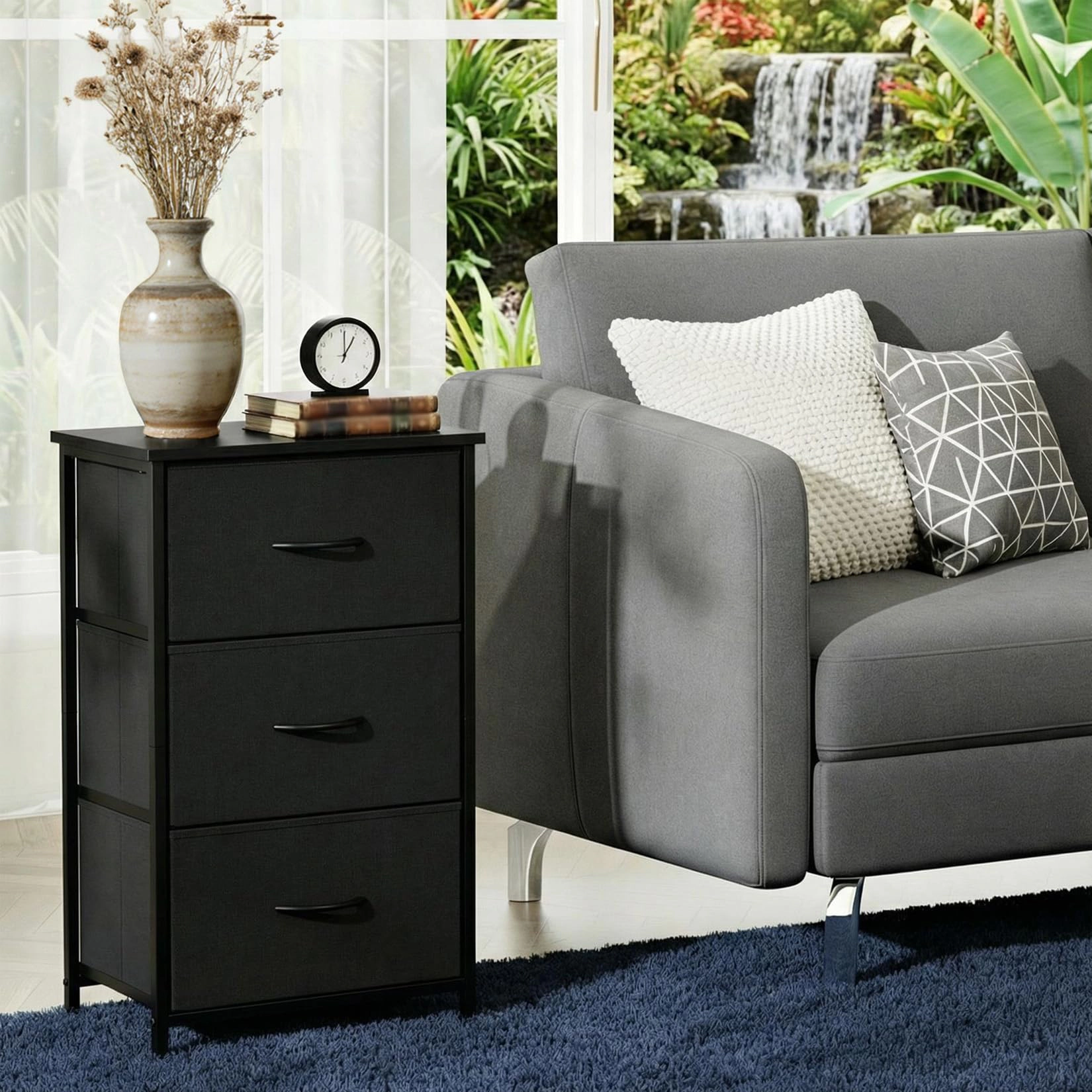 3-Drawer Dresser with Removable Fabric Bins, Slim Wood Grain Storage Organizer for Small Spaces