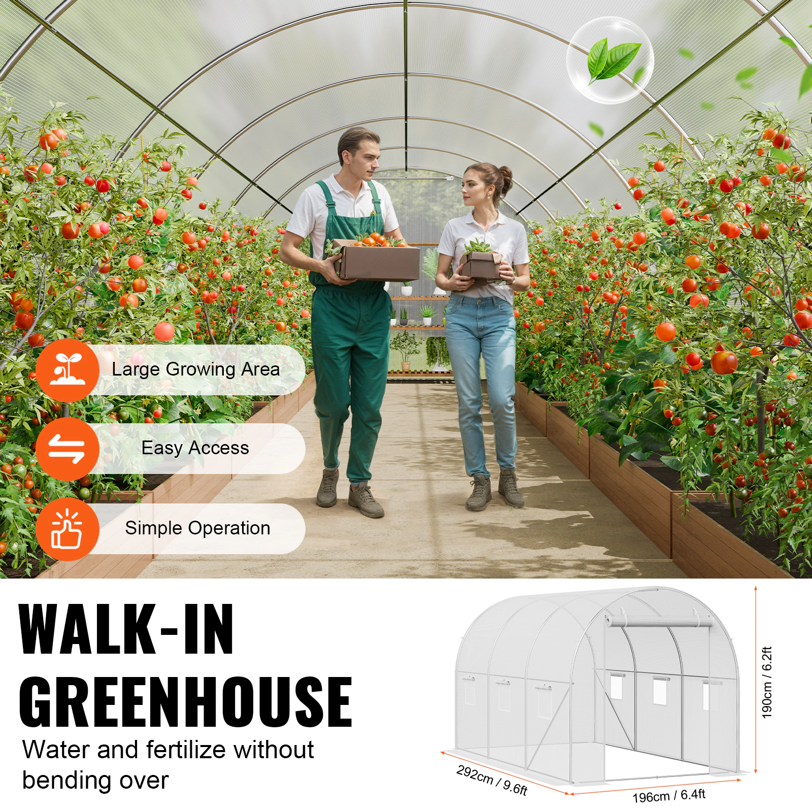 HONGGE Walk-in Tunnel Greenhouse Portable Plant Hot House with Galvanized Steel Hoops 1 Top Beam Diagonal Poles