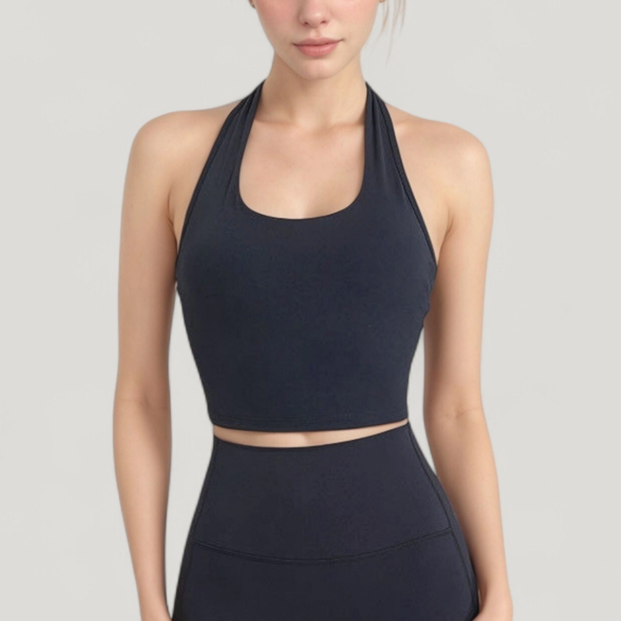 Anna-Kaci Women's Halter Neck Athletic Crop Top with Cross Back Detail and Stretch Fabric