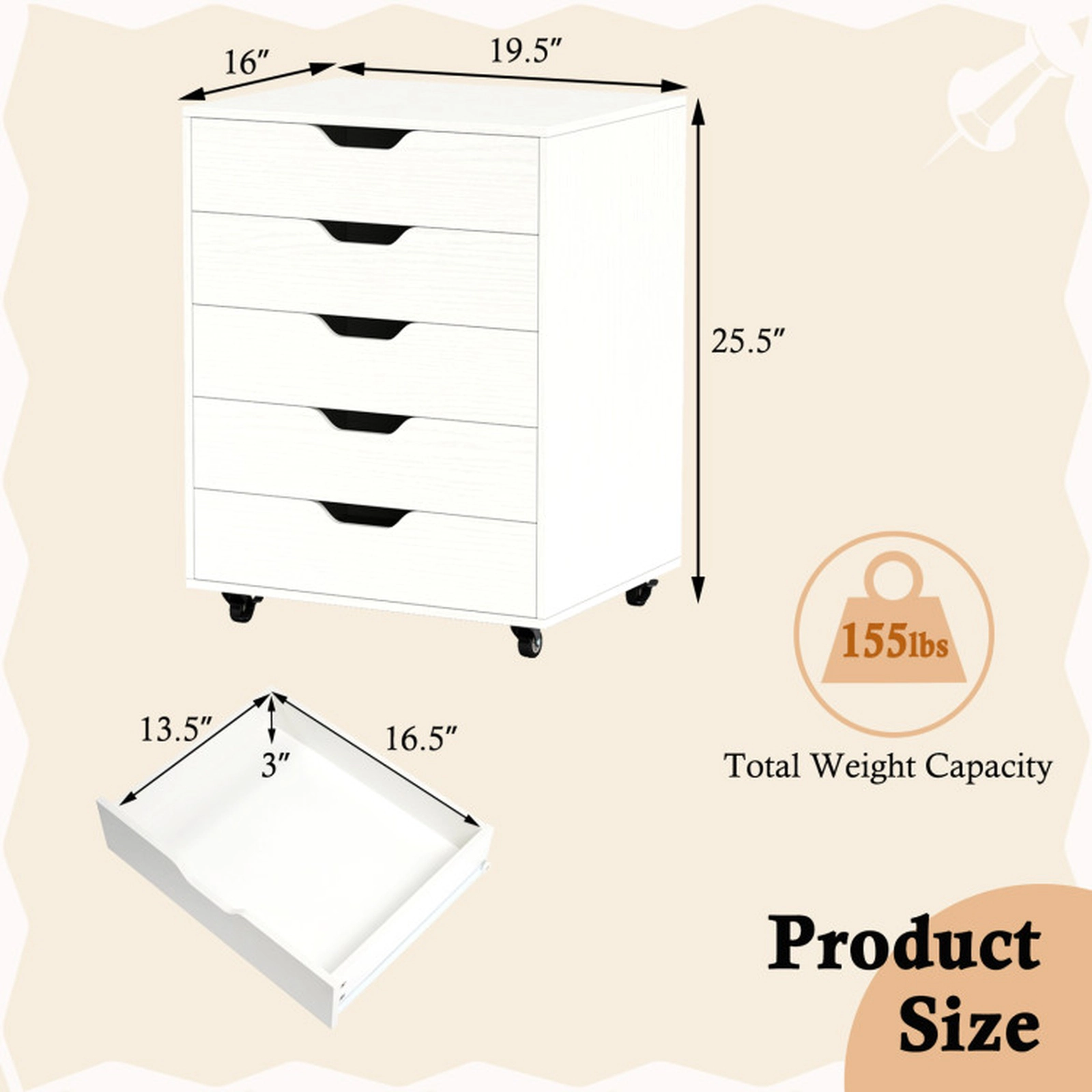 SUGIFT 19-in White 155-lb Capacity 5-Drawer Rolling Storage Cabinet Console with Cut-Out Handles