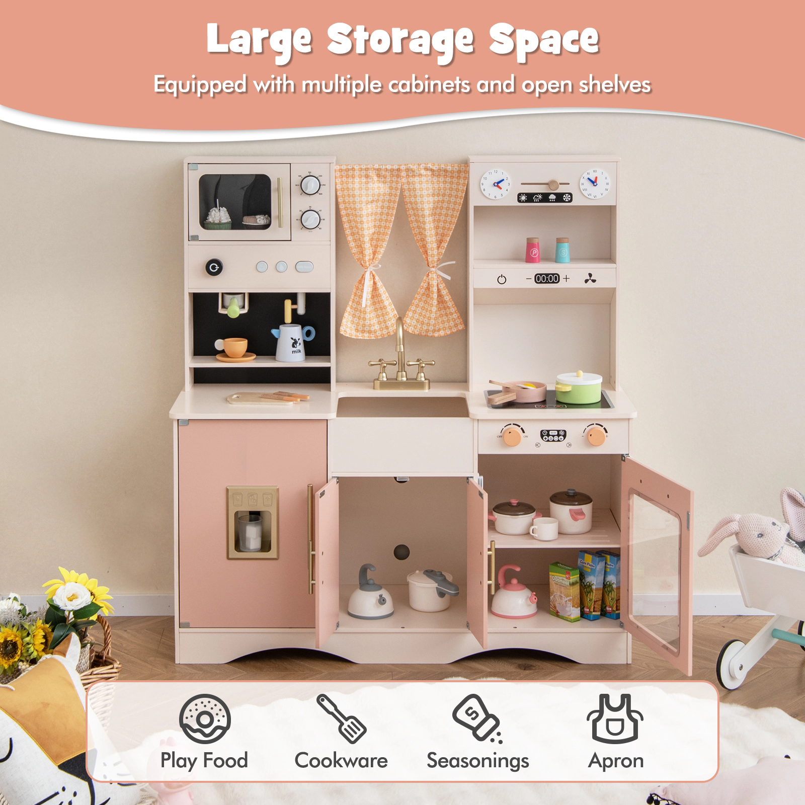 SUGIFT Kids Kitchen Playset with Microwave, Coffee Maker, Ice Maker and Oven Ages 3+ 36-in Tall Pink/White