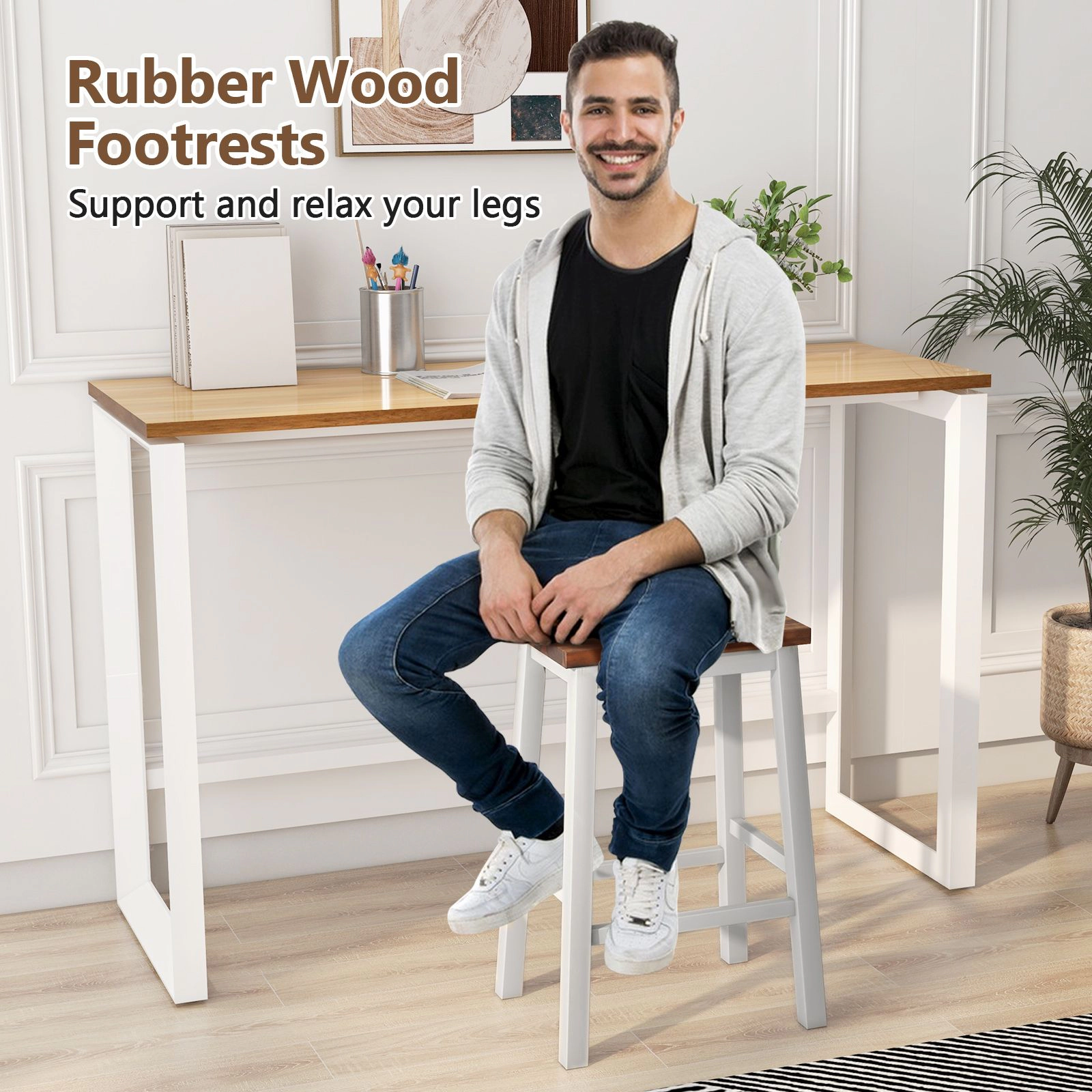 SlickBlue Set of 2 Wooden Counter Stools with Footrest Gray Walnut