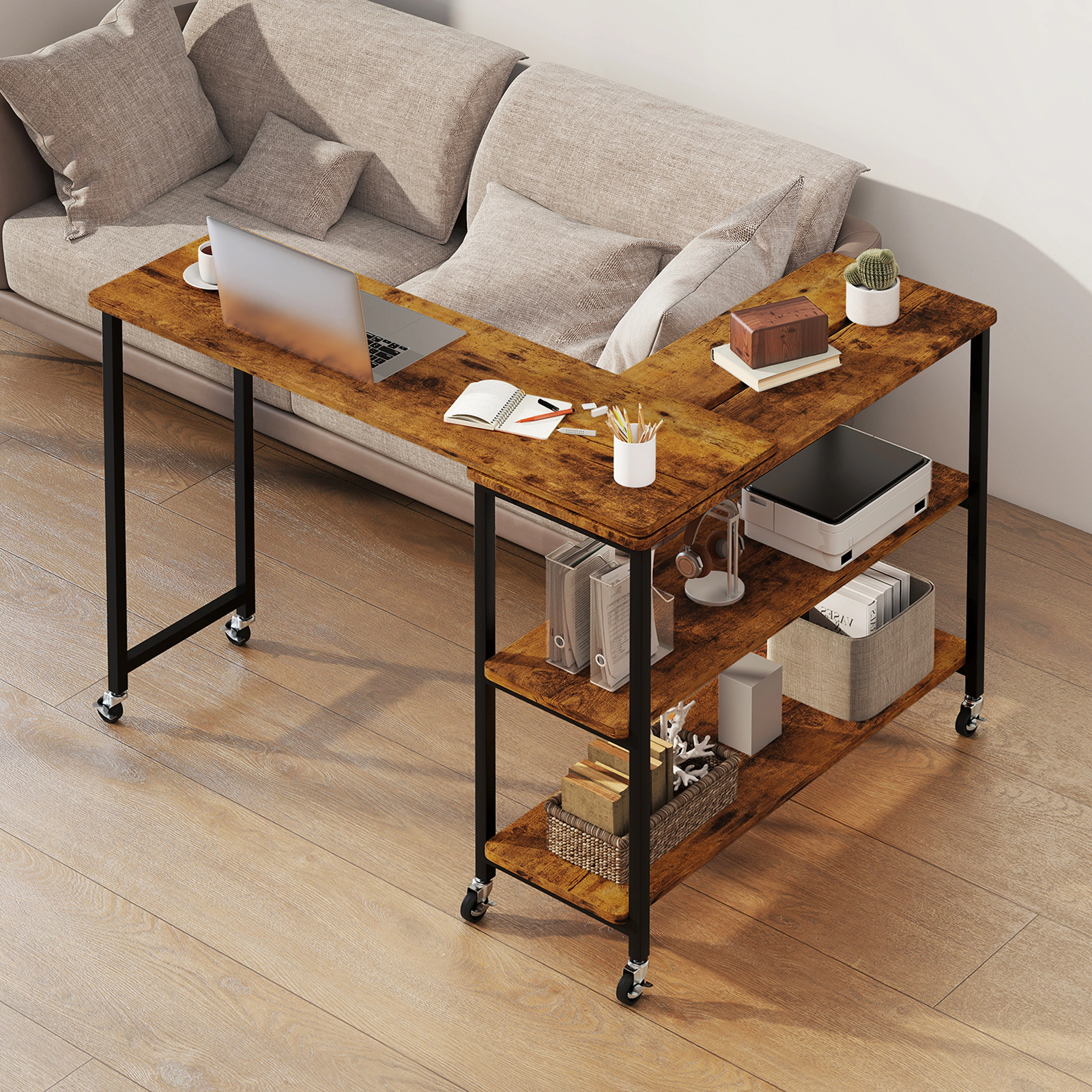 SUGIFT 360-Degree Rotating Sofa Side Table with Wheels and Storage Shelves 110-lb Desktop Rustic Brown