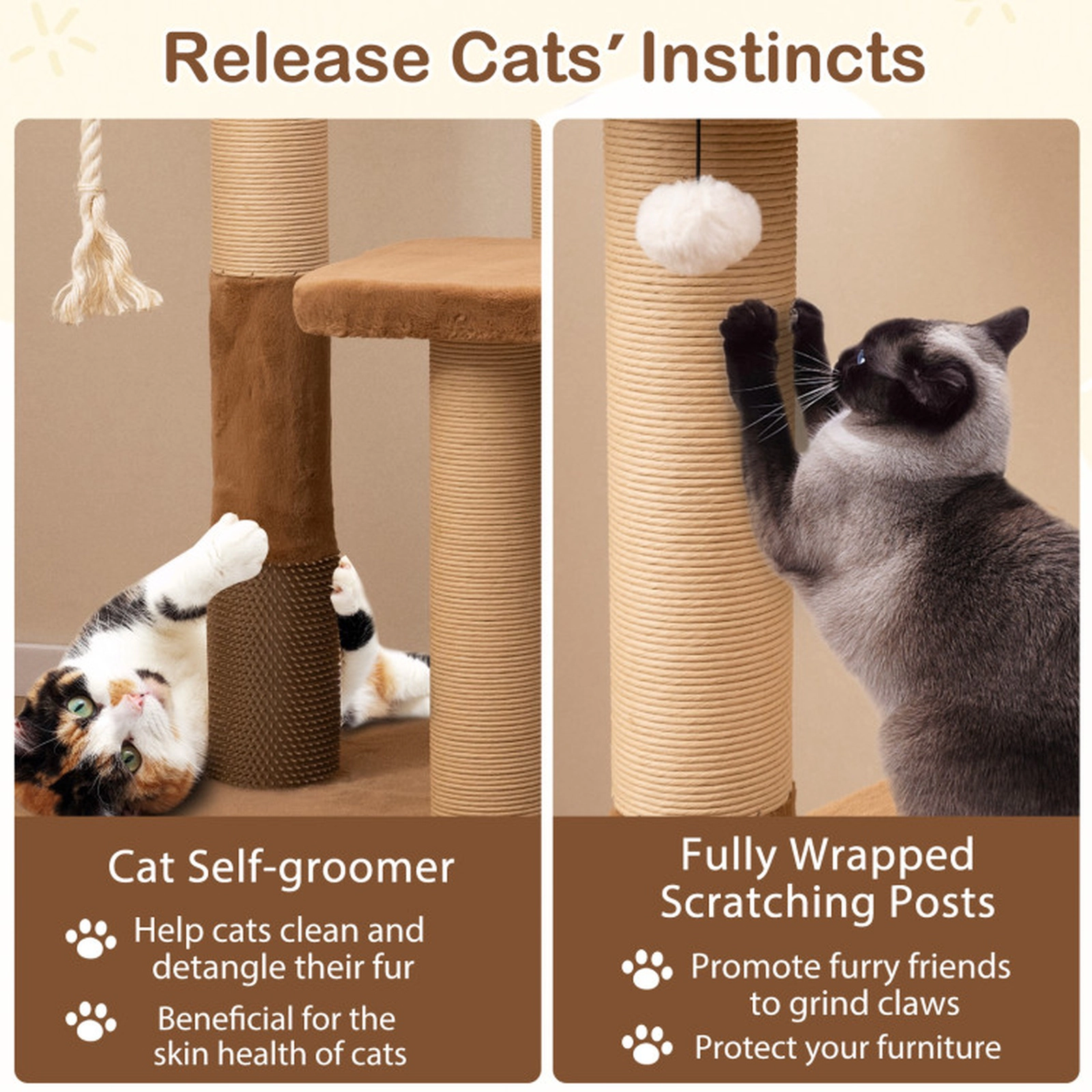 SUGIFT Caramel 44-in 33-lb Per Layer Cat Tree with 4.5-in Thick Posts Plush Perch and Dangling Ball