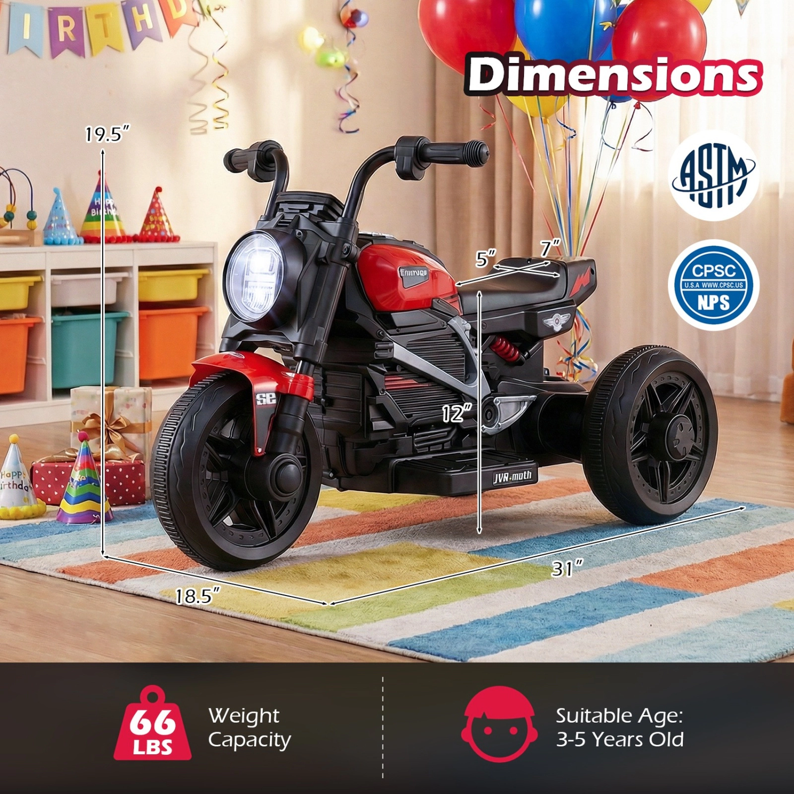 SUGIFT 6V Kids Electric Motorcycle with LED Headlight, Music and 31-in Frame 66-lb Capacity Ages 3-5 Red & Black