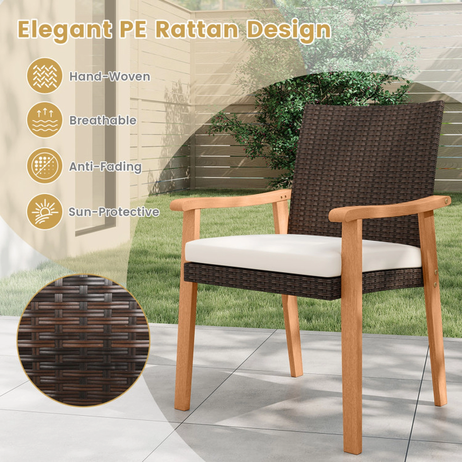 SUGIFT Set of 4 PE Rattan Cushioned Armrests Patio Dining Chairs 22.5-in x 22-in x 34-in 400-lb Capacity Off White