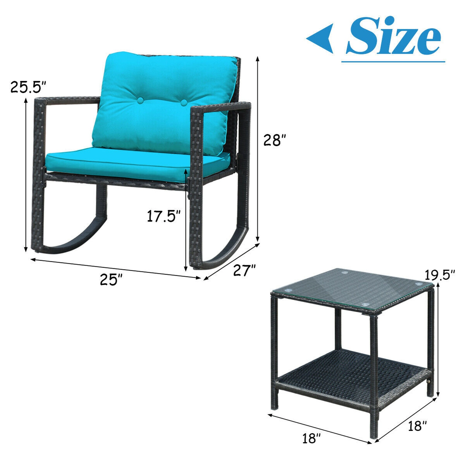 SUGIFT 3-Piece Blue Wicker Rocking Bistro Set with Cushions and Glass Table