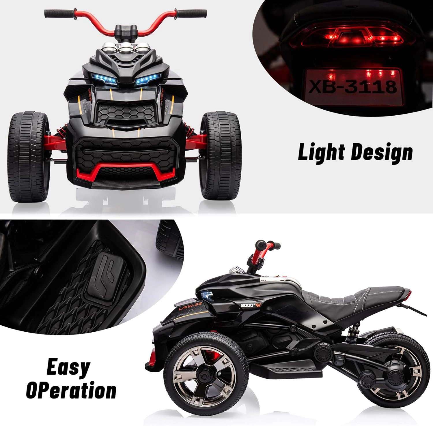 12V Kids Ride On Truck Car, 3-Wheel Electric Vehicle w/2×55W Motors, Remote, 7MPH, Music, LED Lights, EVA Tires