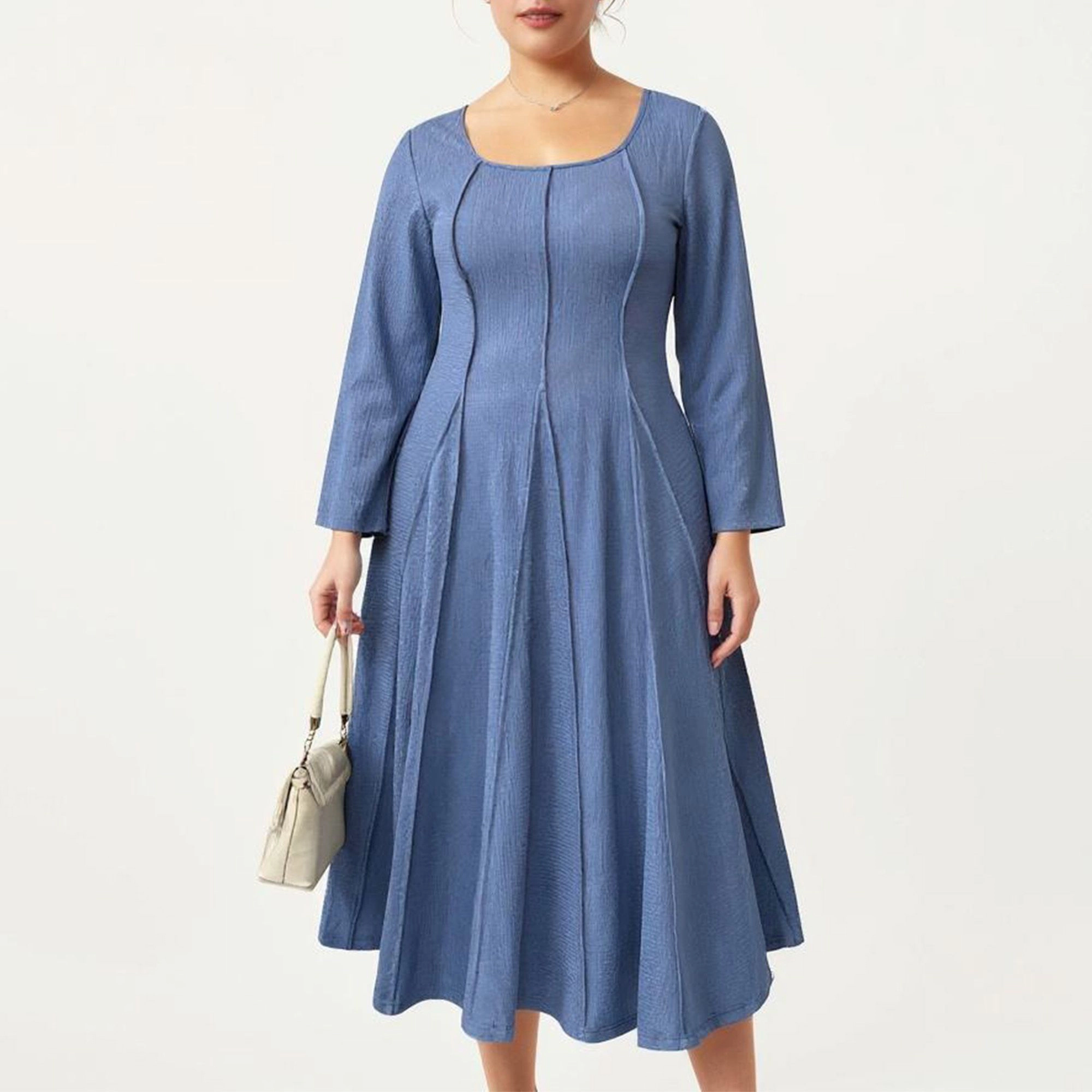 Anna-Kaci Women's Plus Long Sleeve Fitted Bodice Flared Skirt Square Neck Midi Dress