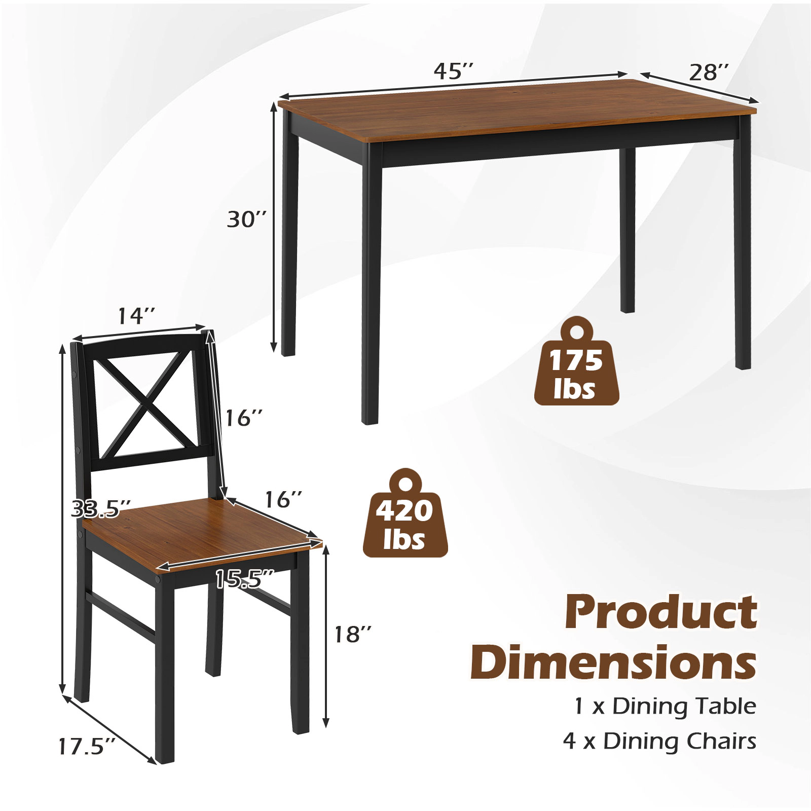 LJG 5 Piece Dining Table Set with Rectangular Kitchen Table and 4 Chairs for 4 People