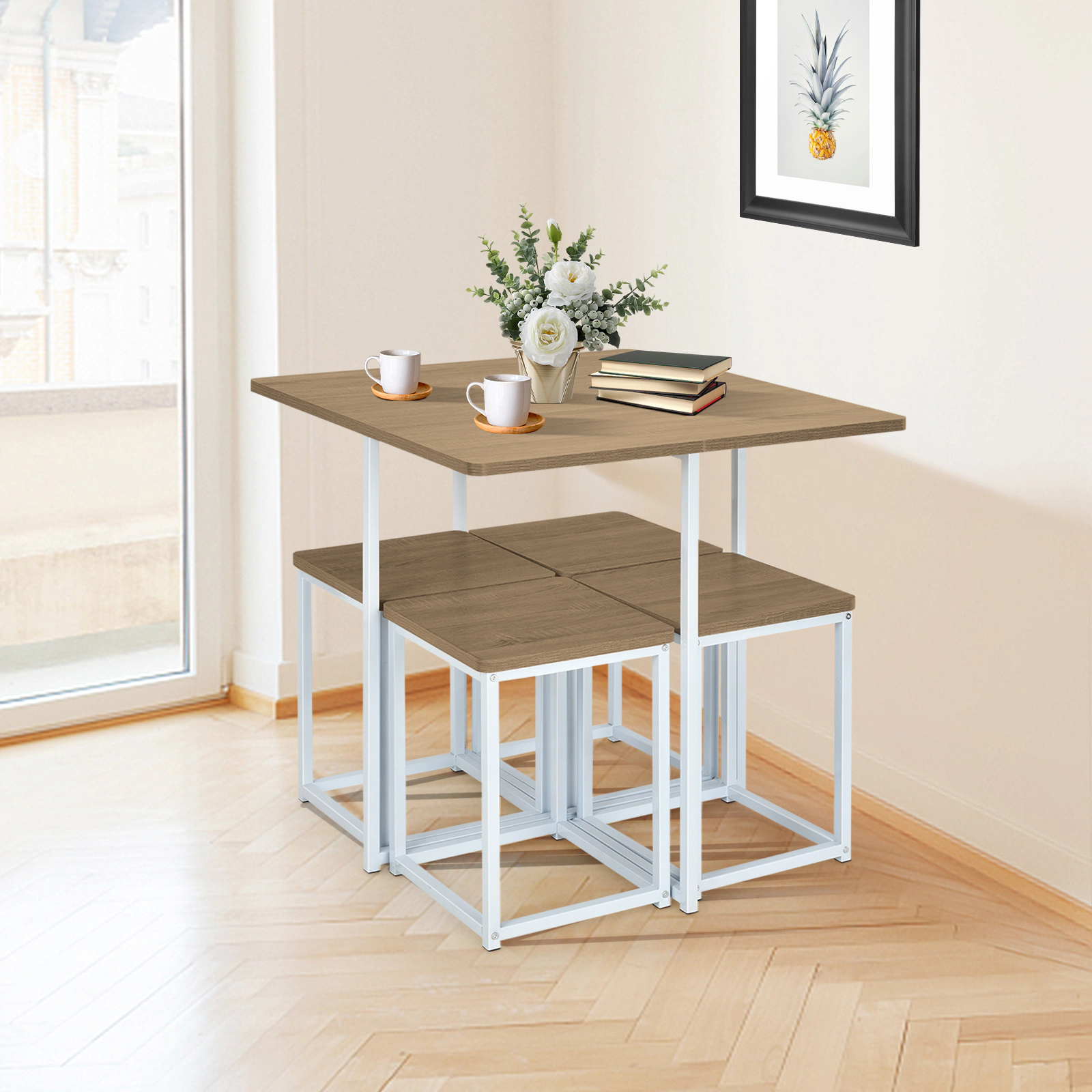 LJG 5 Pieces Metal Frame Dining Set with Compact Table and 4 Stools