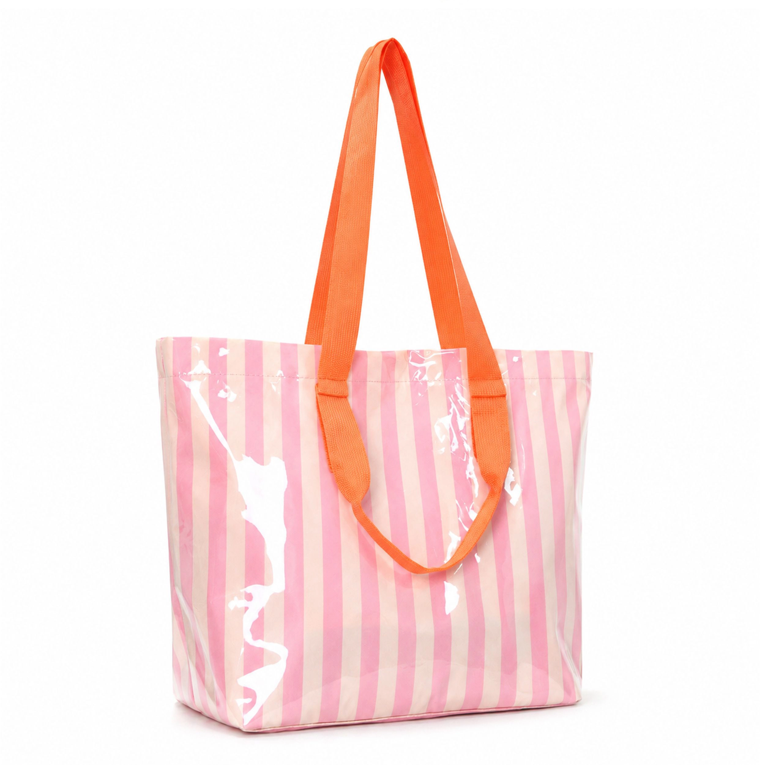 Alilang Women's Striped PVC Beach Tote Bag with Magnetic Closure and Zip Pocket, Green Pink Stripe