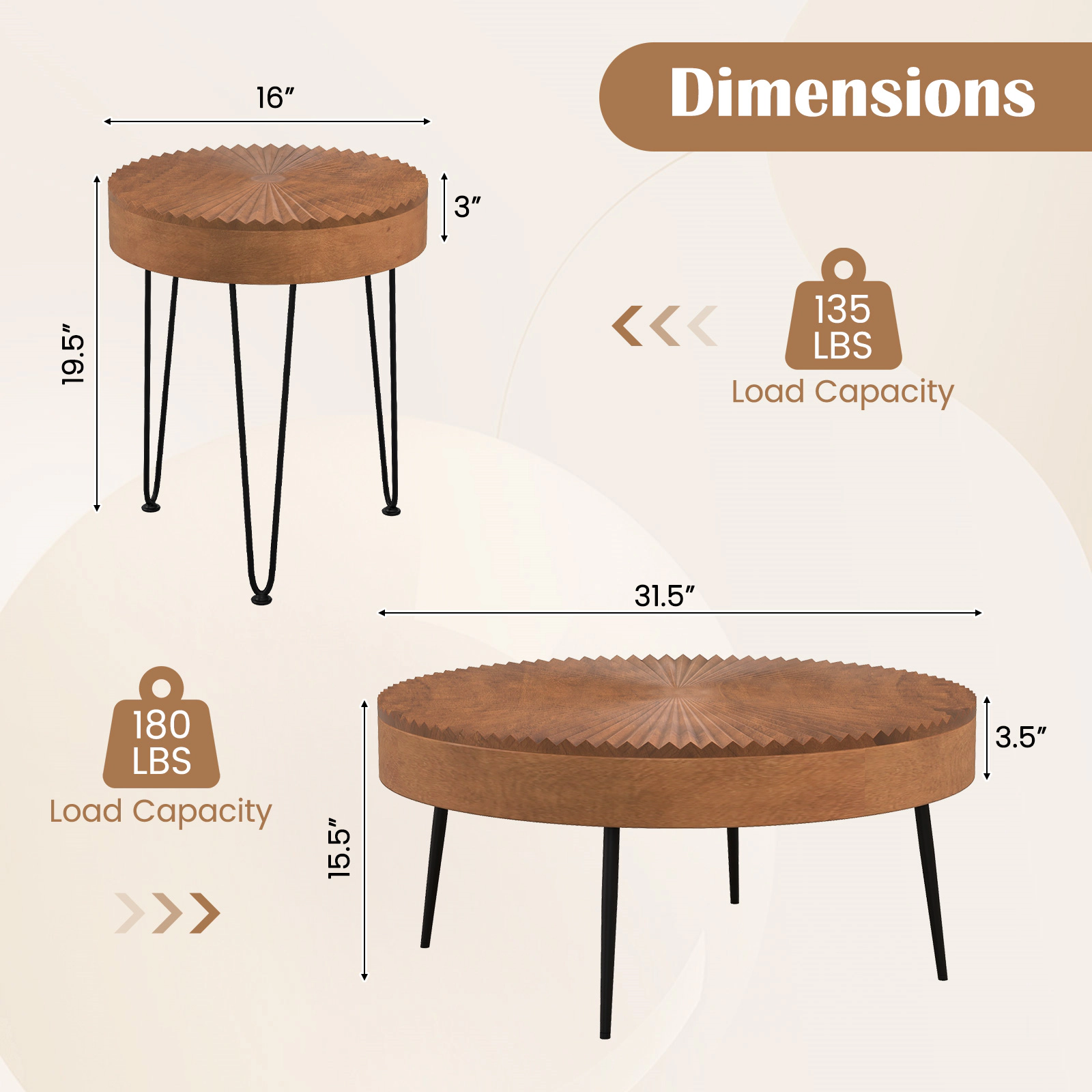 Hivvago Set of 2 Boho Round Coffee Table with Solid Pine Wood Top and Metal Legs