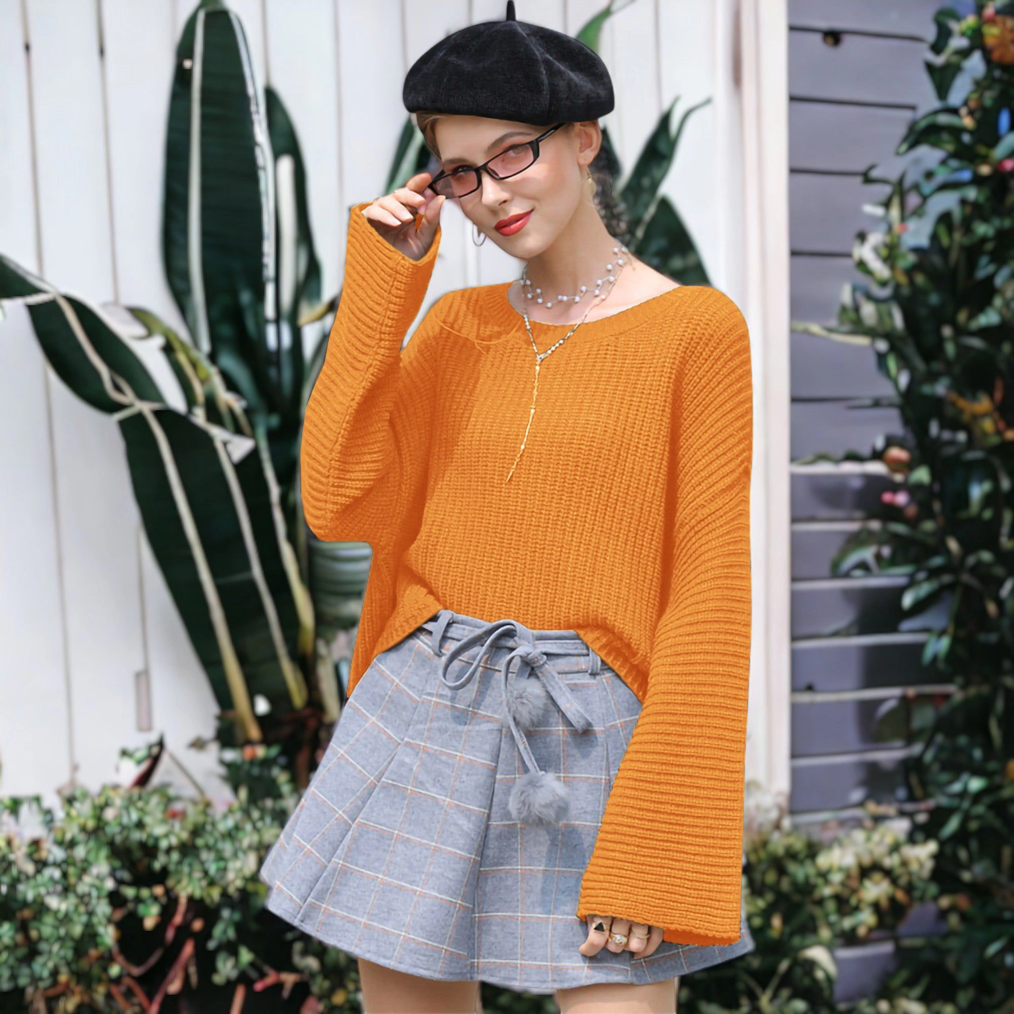 Anna-Kaci Women's Solid Round Neck Lantern Sleeve Relaxed Fit Pullover Knit Sweater