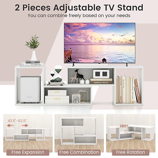 SUGIFT White Expandable TV Stand for TVs up to 55 in, 2-Piece Media Console