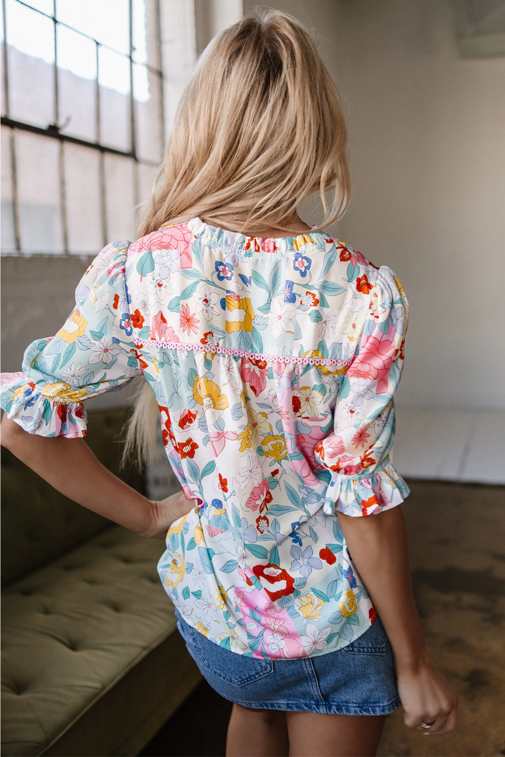 Threaded Pear Women's Solana Boho Flower Half Puff Sleeve Blouse