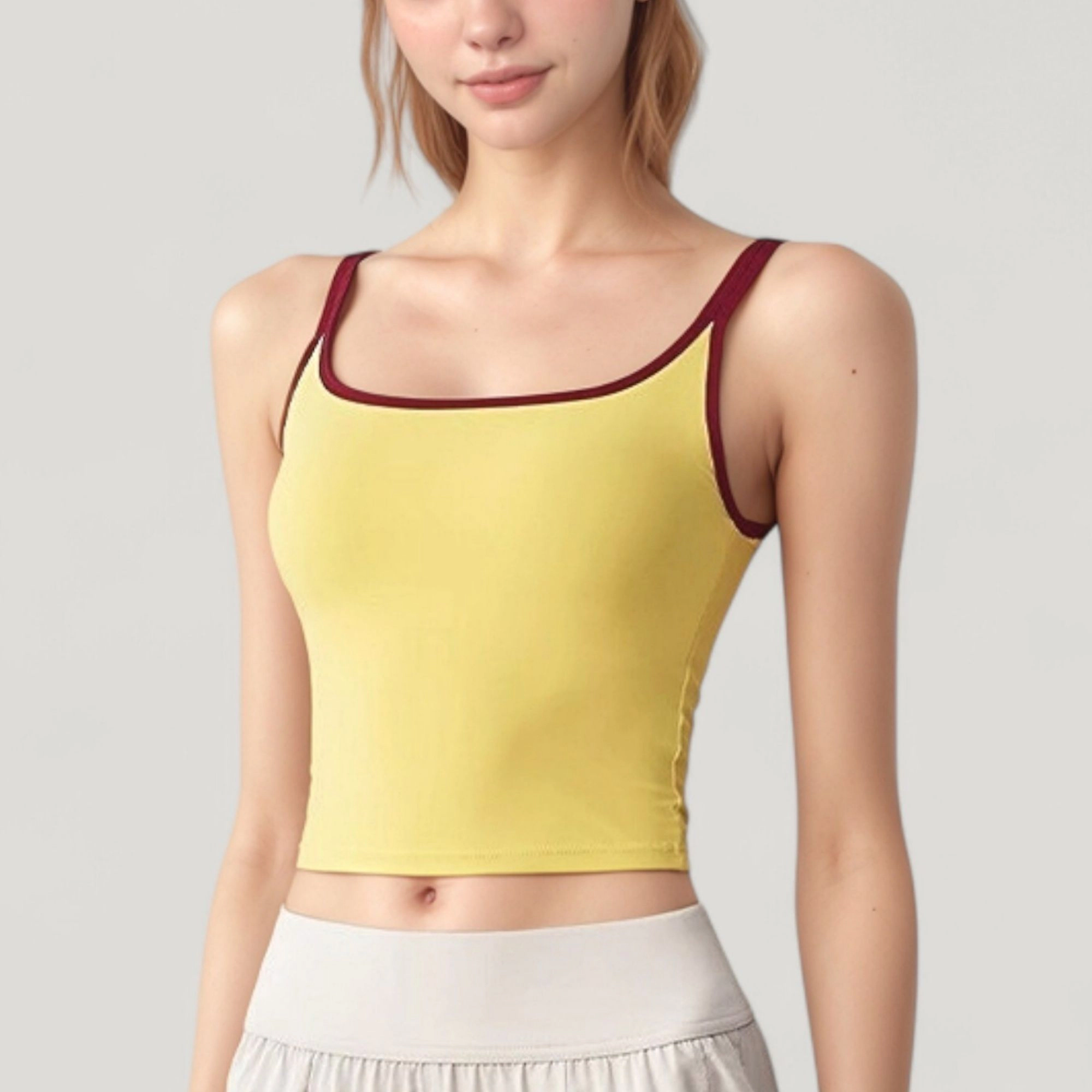 Anna-Kaci Women's Square Neck Contrast Trim Cropped Active Tank Top