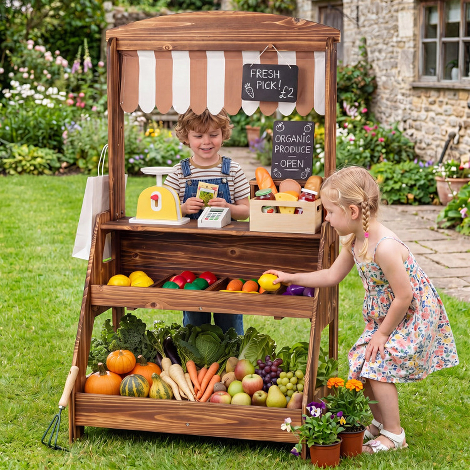 SUGIFT Brown Planter Box 2-in-1 Kids Wooden Mud Kitchen and Market Stand