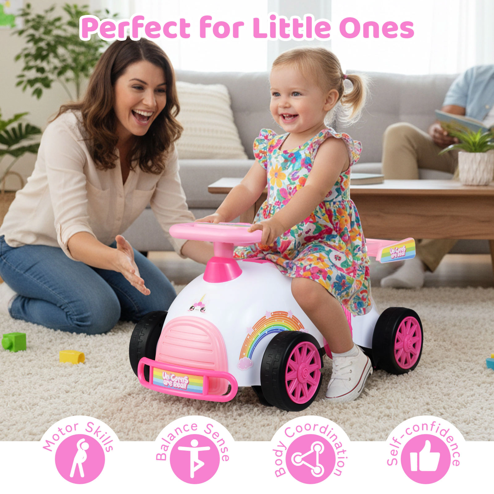 SUGIFT Kids Ride On Car Sliding Toy with Music and Under-Seat Storage 33-lb Capacity Ages 19-36 Months Pink & White