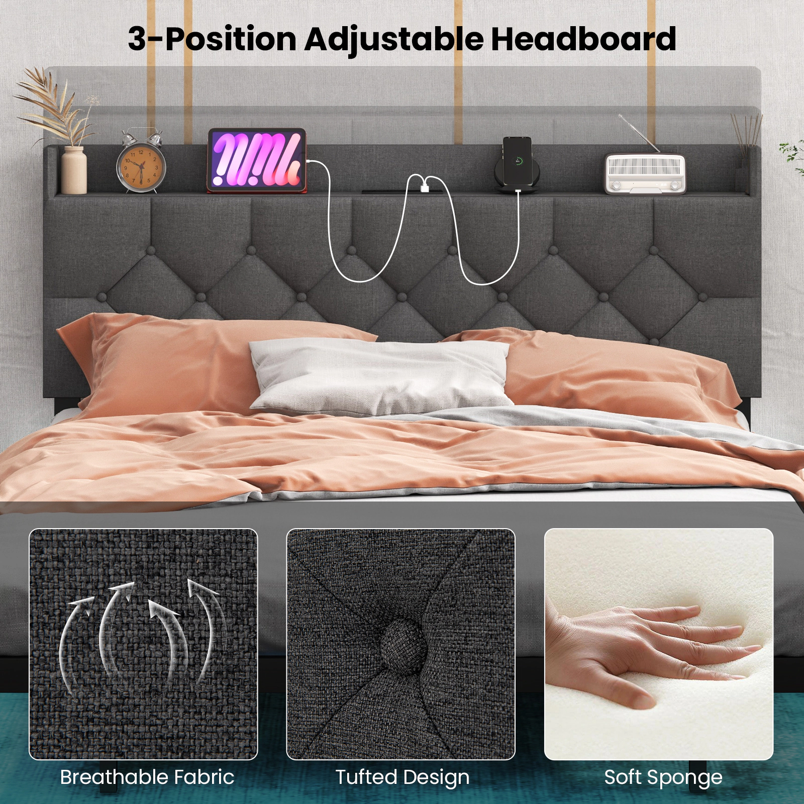 SUGIFT Full Size Floating Platform Bed with Smart LED Lights, Storage Headboard and Charging Station