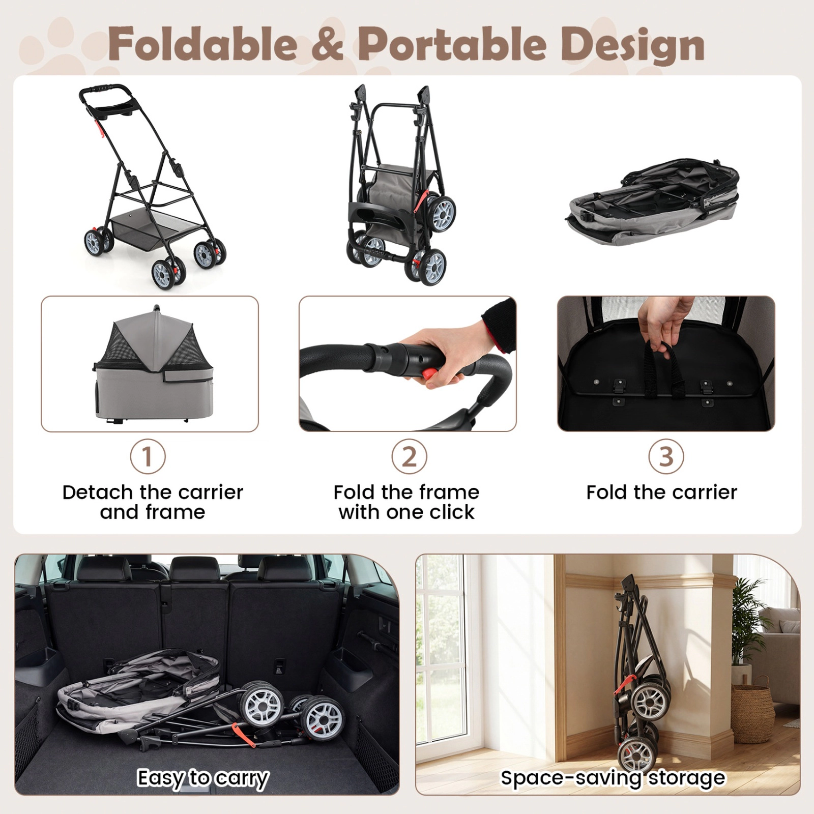 SUGIFT Gray 3-in-1 Pet Stroller with Removable Carrier and Car Seat 35-in W 19-in D 40-in H 33-lb Cart Capacity