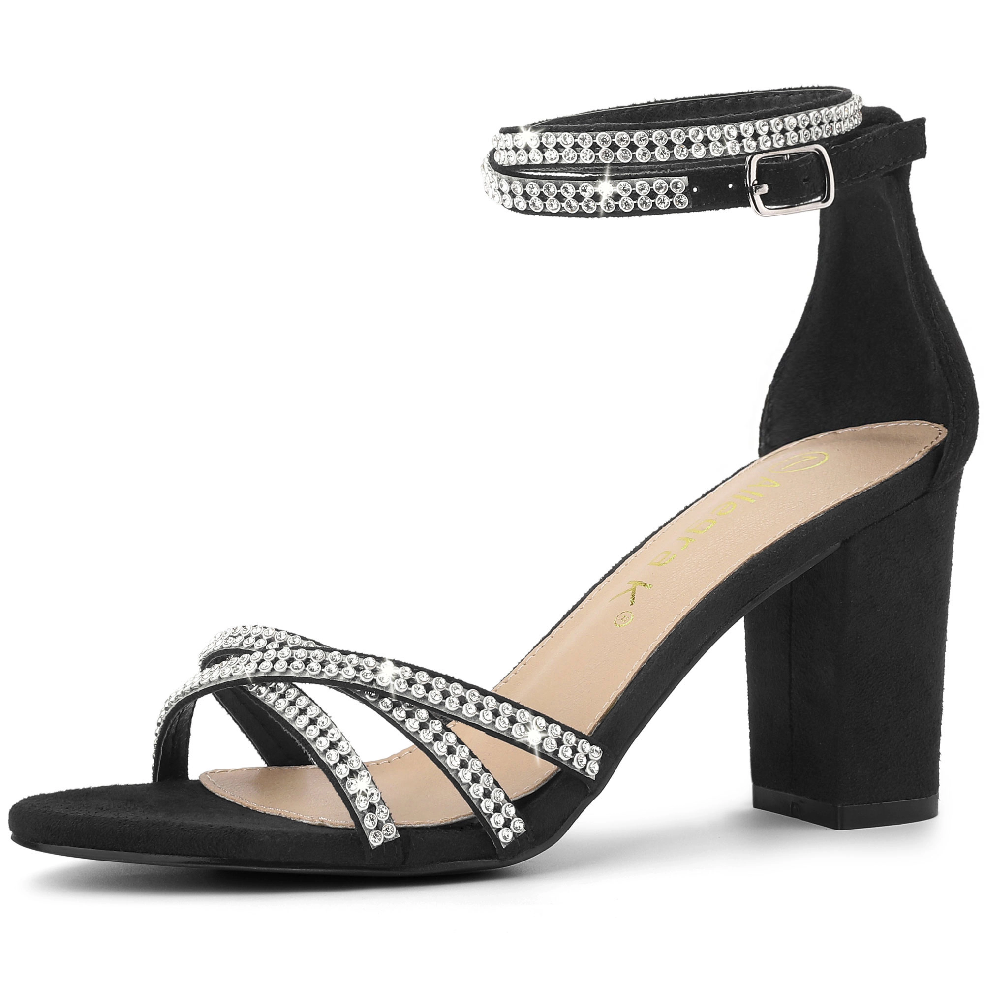 BLISSFUL STEP Women's Rhinestones Strappy Chunky Heel Sandals
