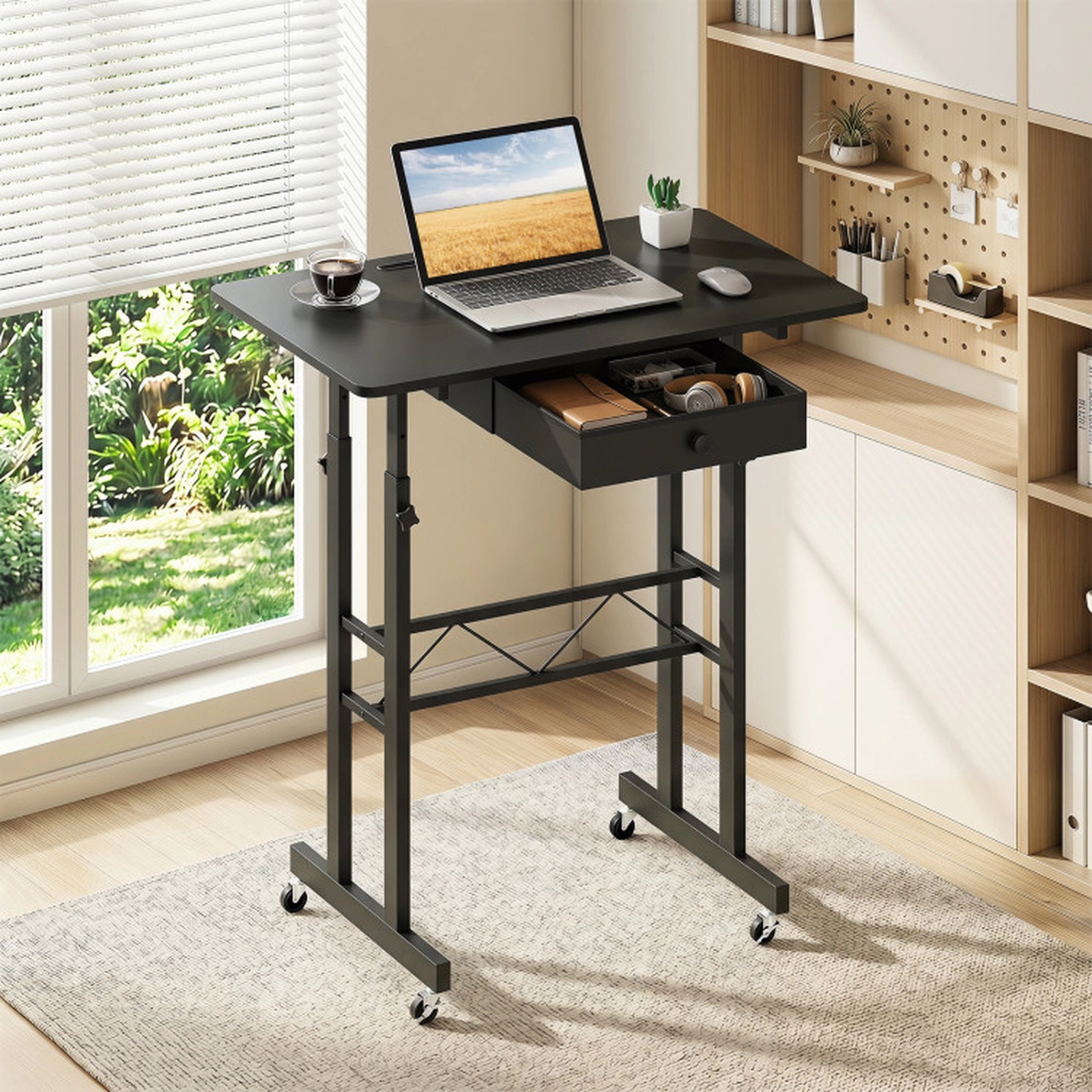 SUGIFT Height Adjustable Laptop Desk with Fabric Drawer Tablet Holder 45-lb Tabletop Capacity Black
