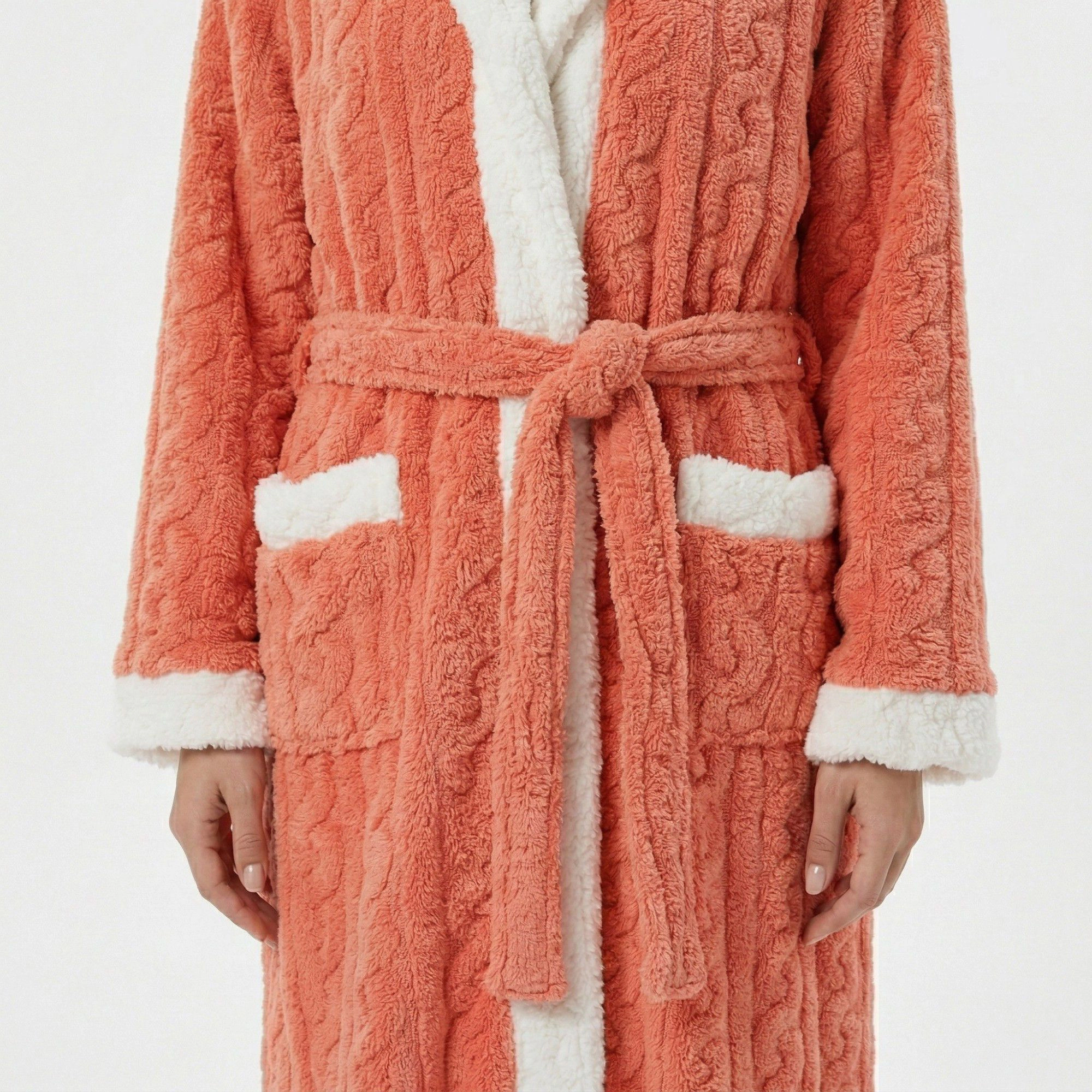 Anna-Kaci Women's Plush Bathrobe with Textured Cable Pattern Contrast Trim Button Front Closure and Pockets