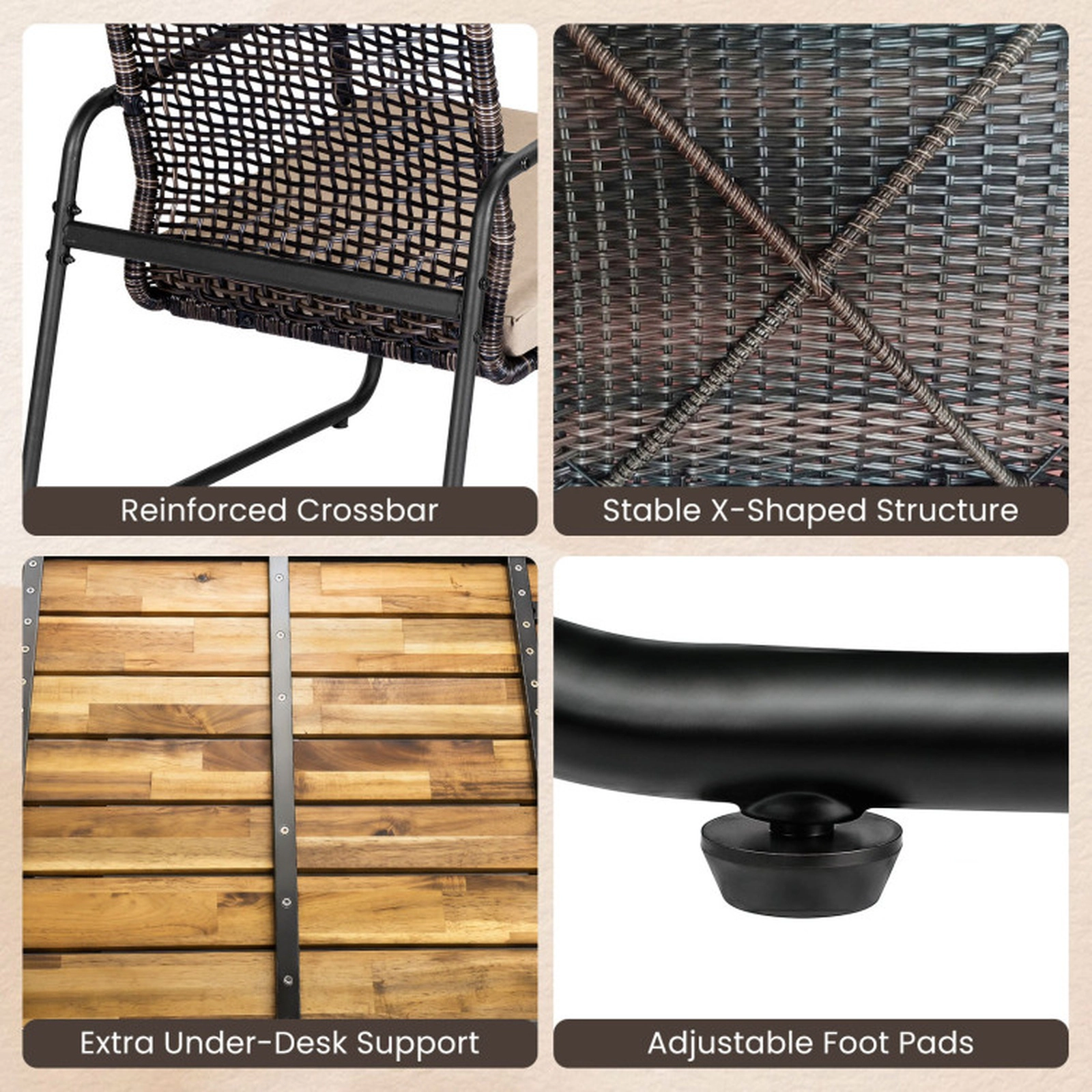 SUGIFT Brown Acacia Wood Coffee Table and Zippered Cushions 4-Piece Patio Rattan Sofa Set