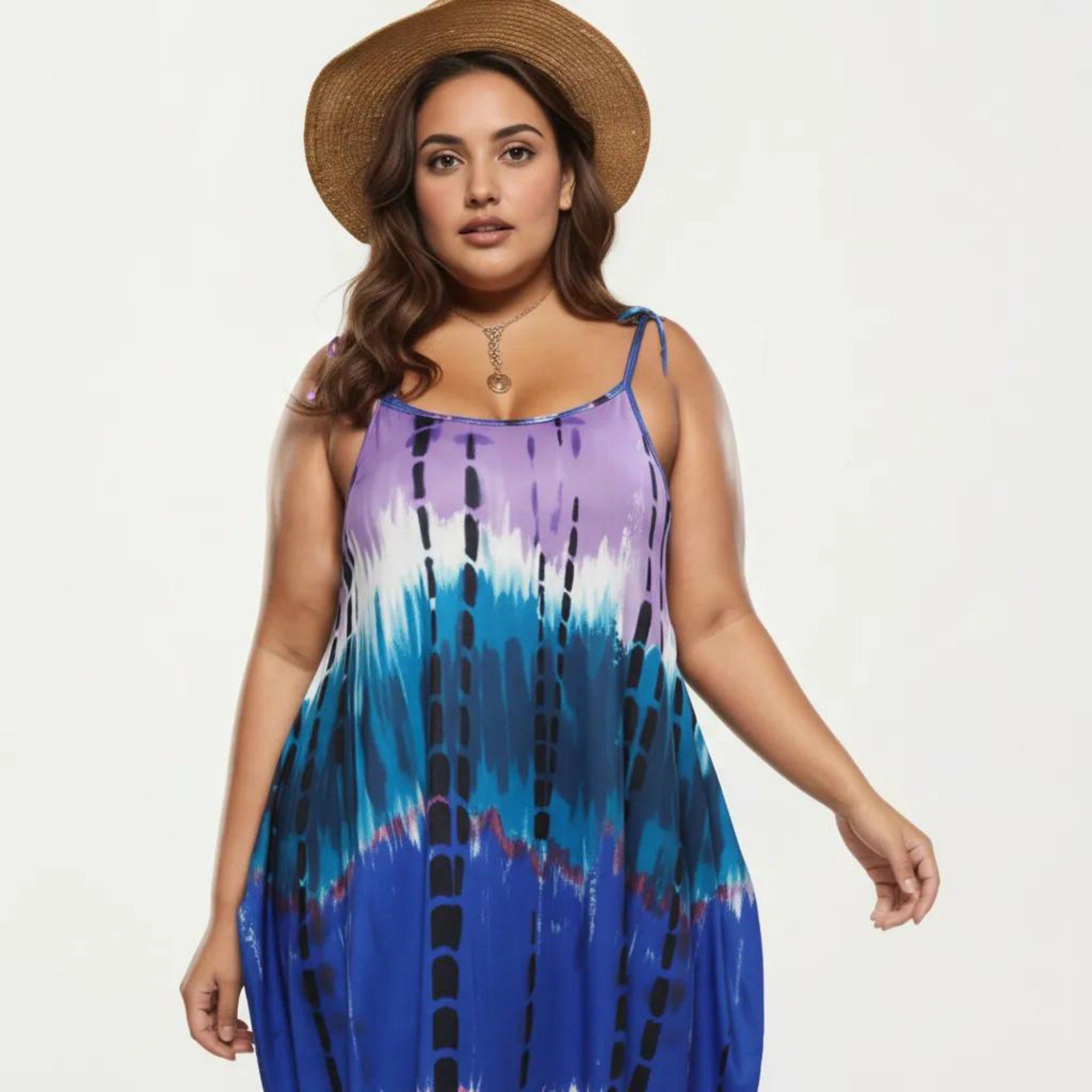 Anna-Kaci Women's Plus Adjustable Strap Scoop Neck Tie Dye Print Loose Fit Maxi Dress