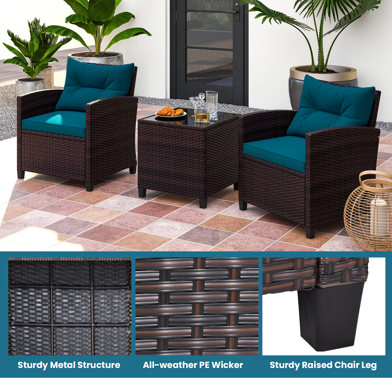 SUGIFT 3-Piece Rattan Patio Conversation Set with Steel Frame 360-lb Chair Capacity 26.5-in Chairs Peacock Blue