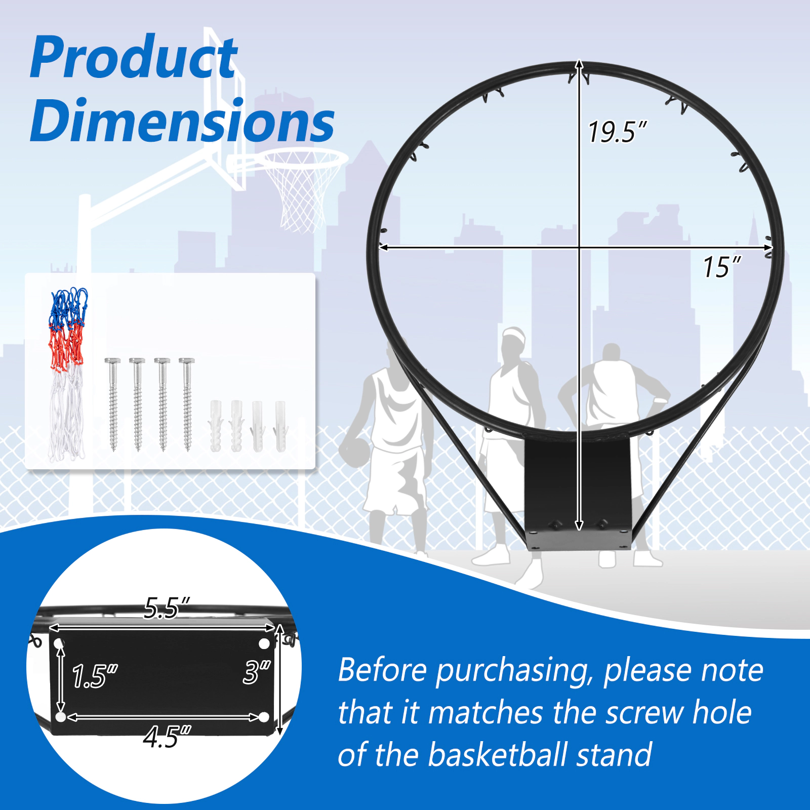 SUGIFT Black 15-in Basketball Rim Goal Replacement with All Weather Net and Mounting Hardware 19.5-in W 16-in D