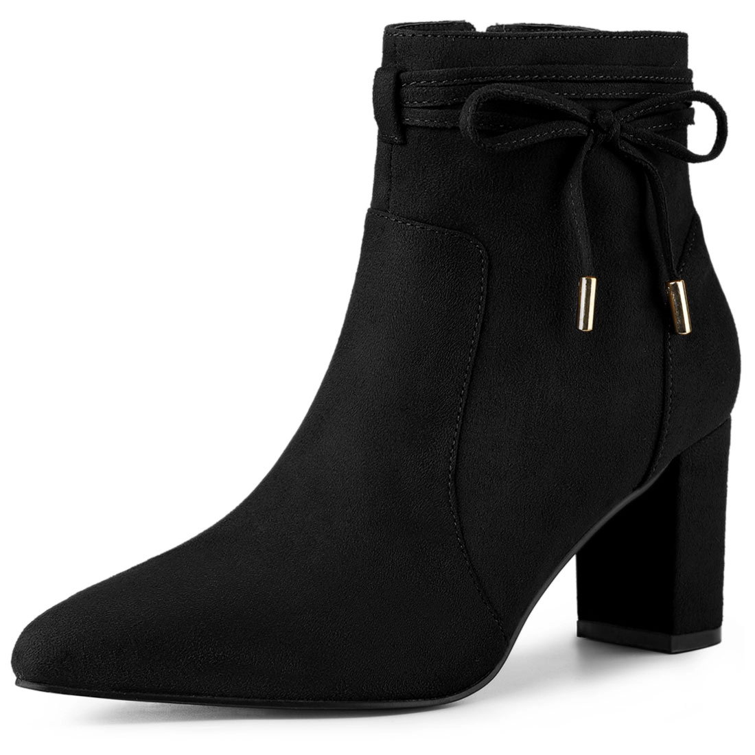 BLISSFUL STEP Women Pointed Toe Chunky Heel Block Zipper Ankle Boots