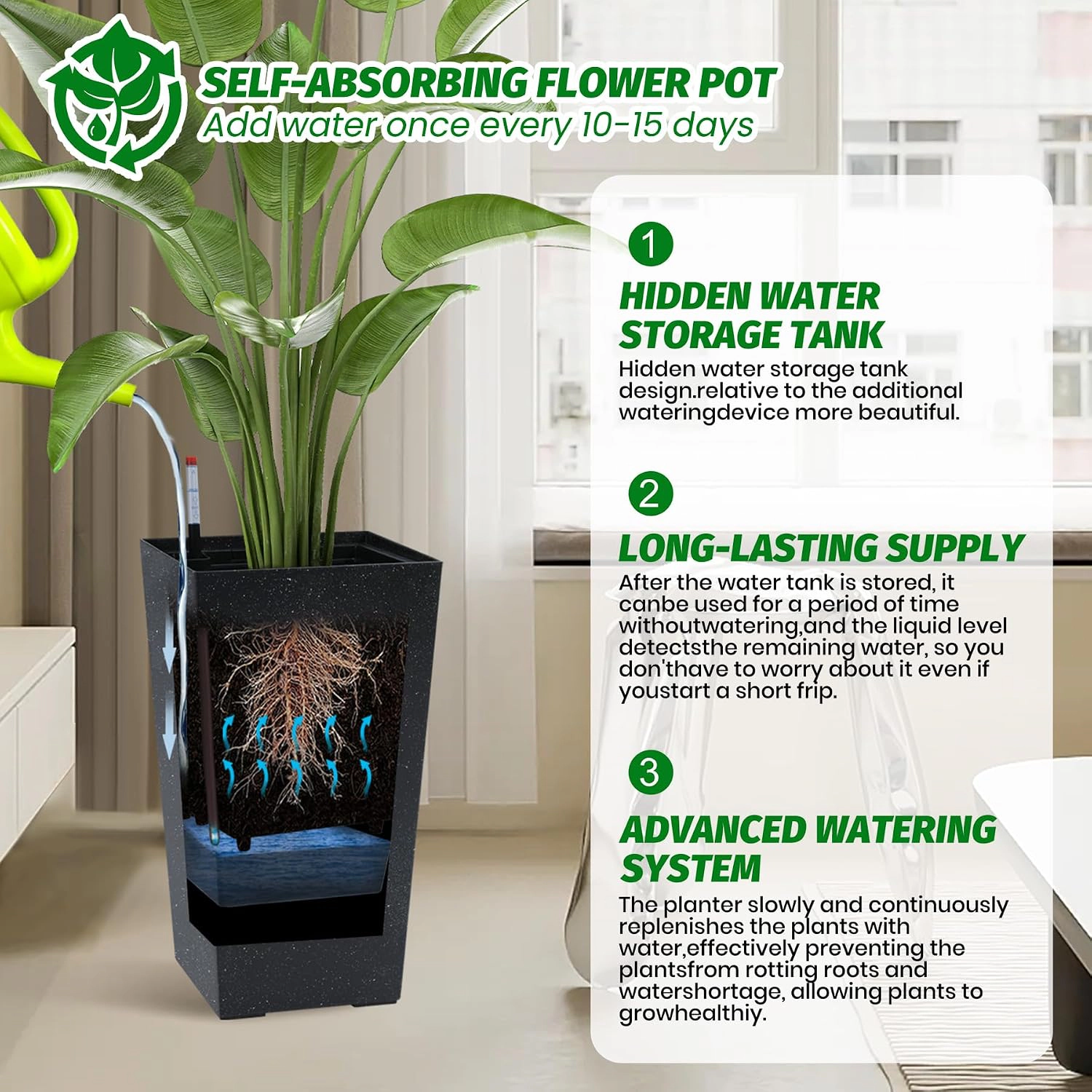 Set of 2 Rectangular Planters 21.6" Tall, Self-Watering Drainage & Water Level Monitor, Wheels