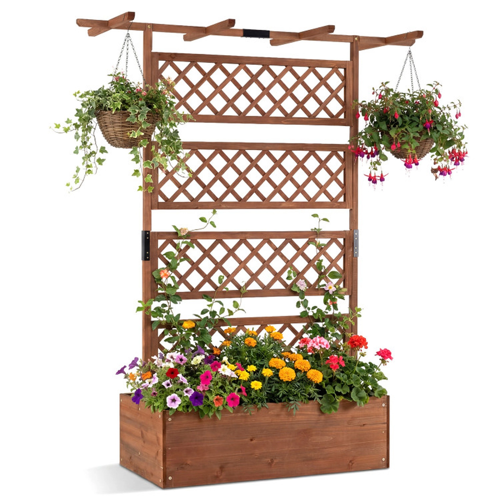 SUGIFT Wooden Planter Box with Lattice Trellis Raised Garden Bed Privacy Screen 130-lb Capacity 38-in Wide Brown/Orange