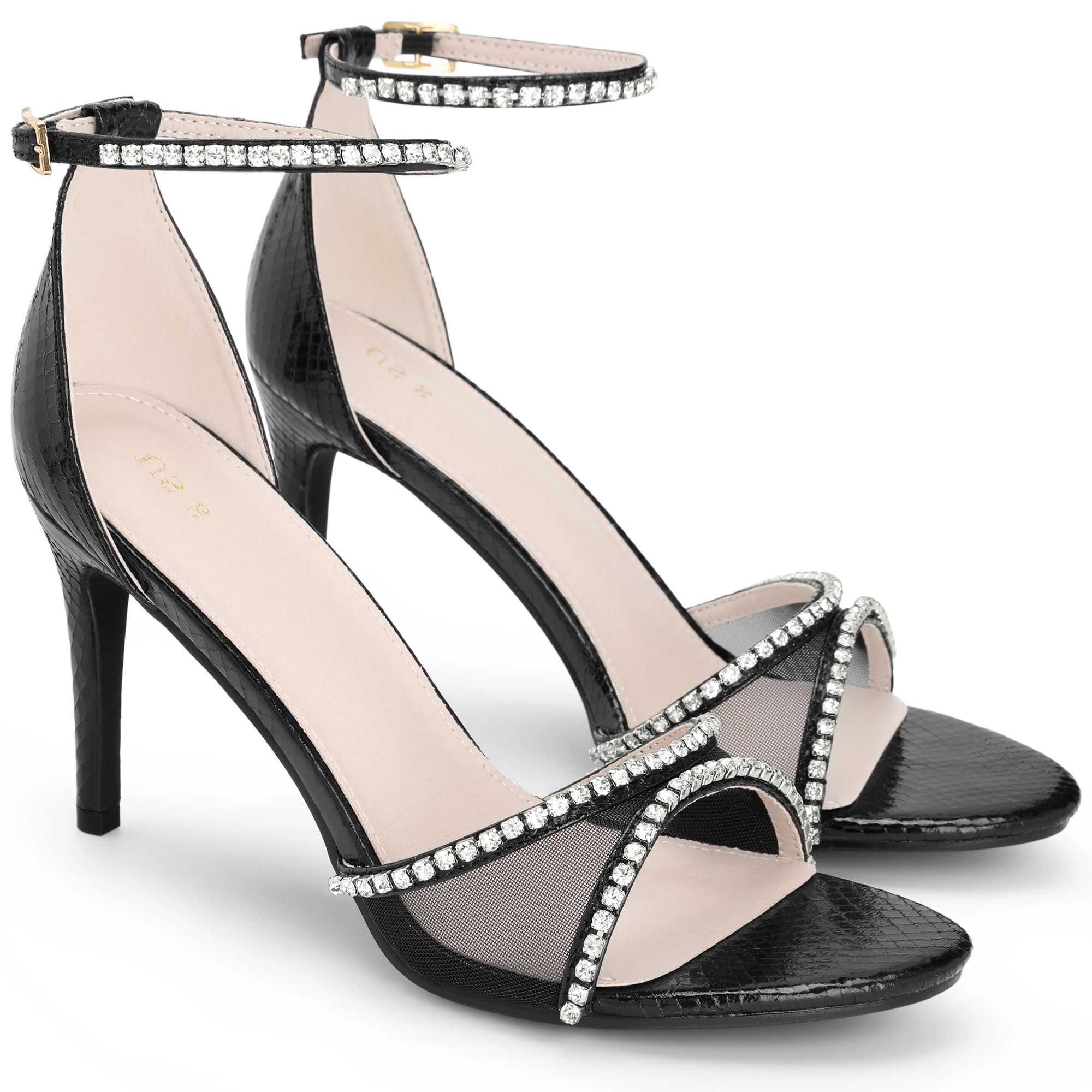 BLISSFUL STEP Women's Rhinestone Mesh Open Toe Stiletto Heels Ankle Strap Sandals