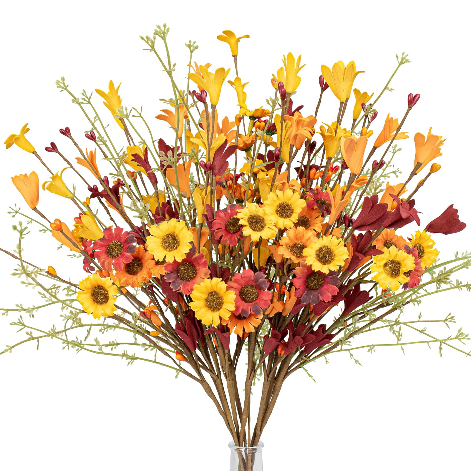 PUPWE Artificial Fall Flowers 12 Pack FlPicks 17" Tall Forsythia Stems With Berries For Flower Arrangements Centerpieces