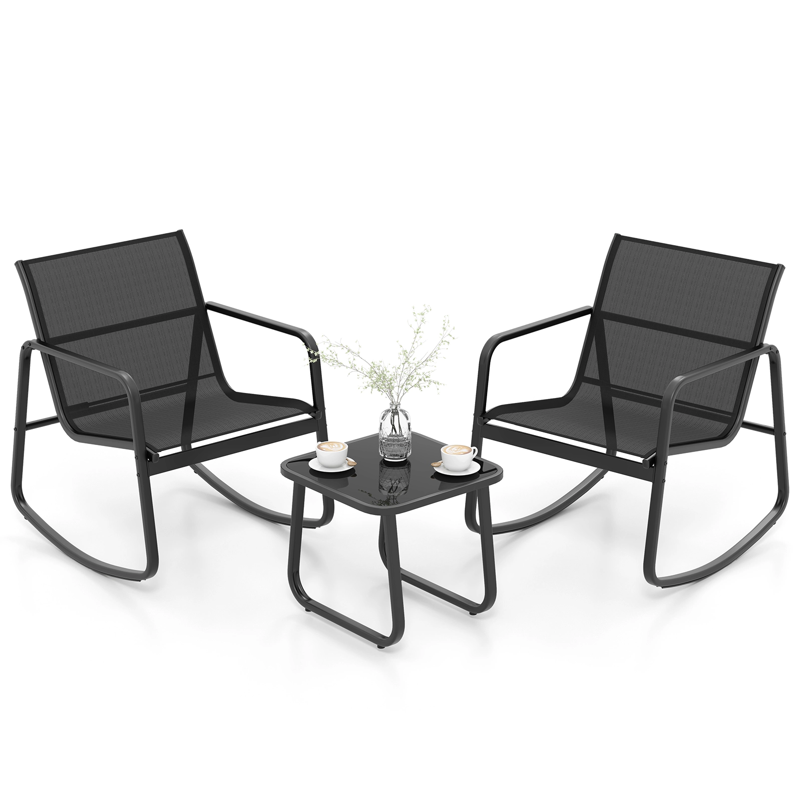 SUGIFT 2 Rocking Chairs and Glass Top Table 3-Piece Patio Bistro Set