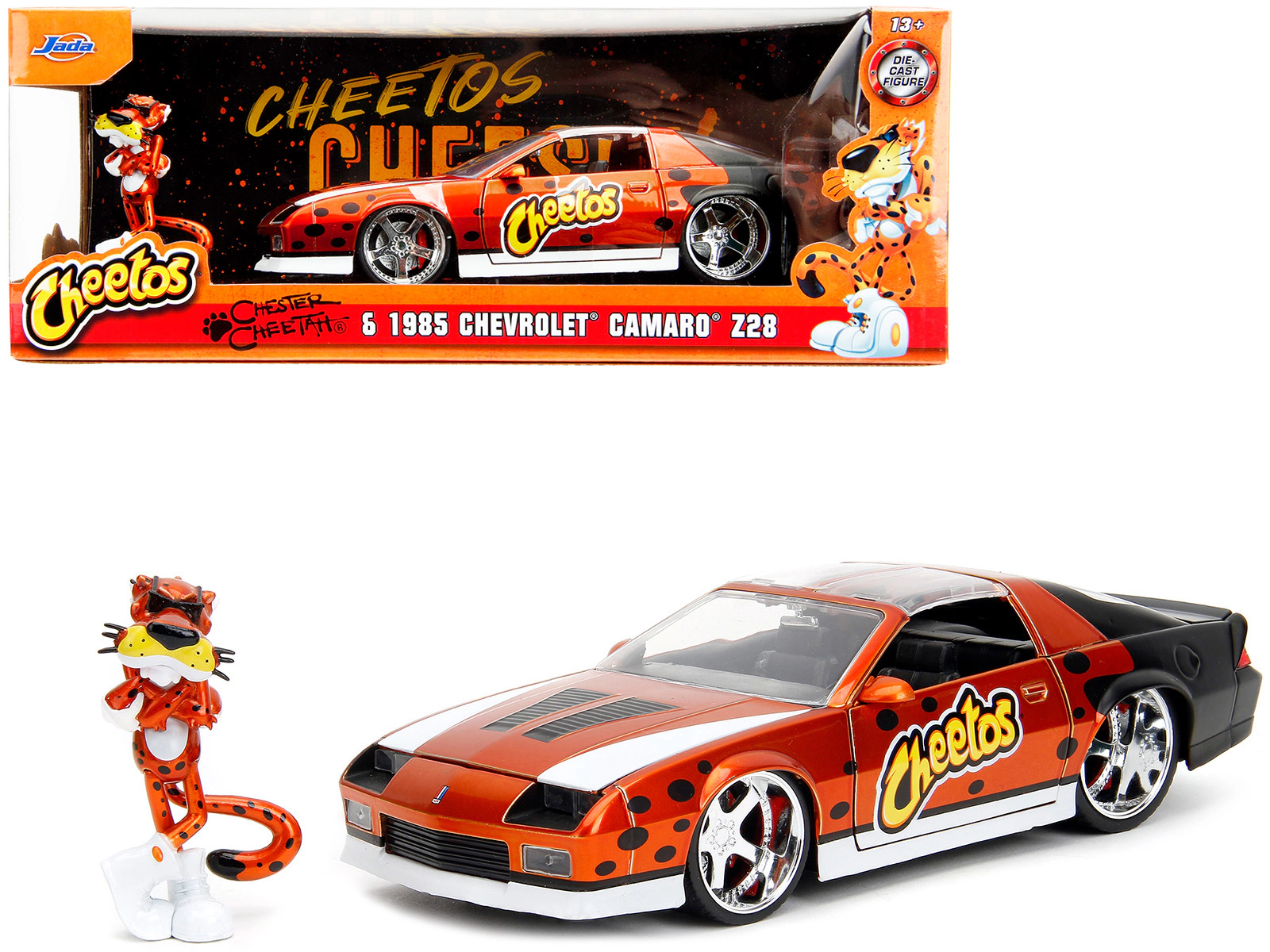 Jada 1985 Chevrolet Camaro Z/28 Orange Metallic with Graphics and Chester Cheetah Diecast Figure "Cheetos"